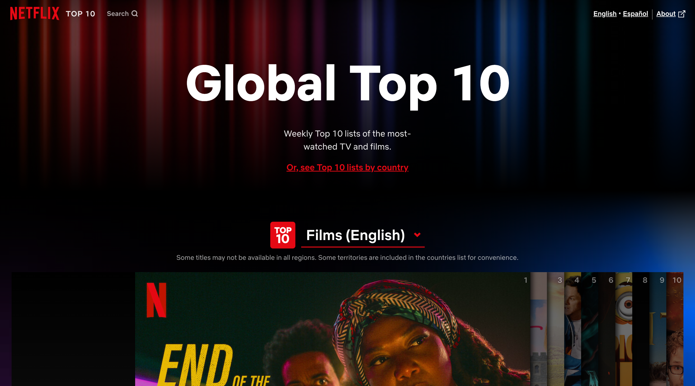 Screenshot of the Netflix Top 10 website. The header contains the Netflix logo and a search bar. The page title is displayed in large lettering and at the bottom of the screen there is a carousel of images showing the top 10 English films.
