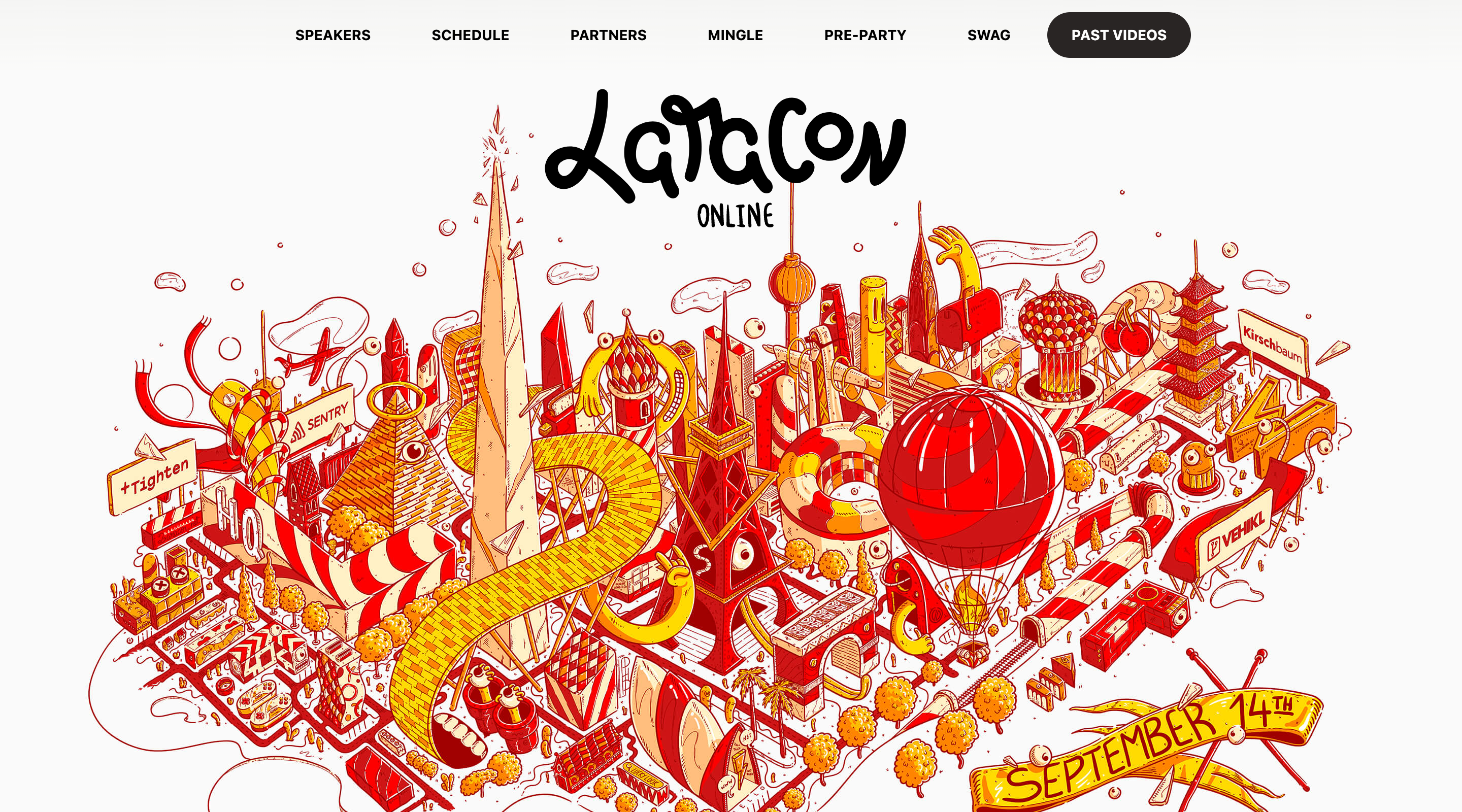 Screenshot of the Laracon Online website. The header contains the main site navigation. Below that is the Laracon Online logo and a large detailed illustration of a fantastical make believe city.