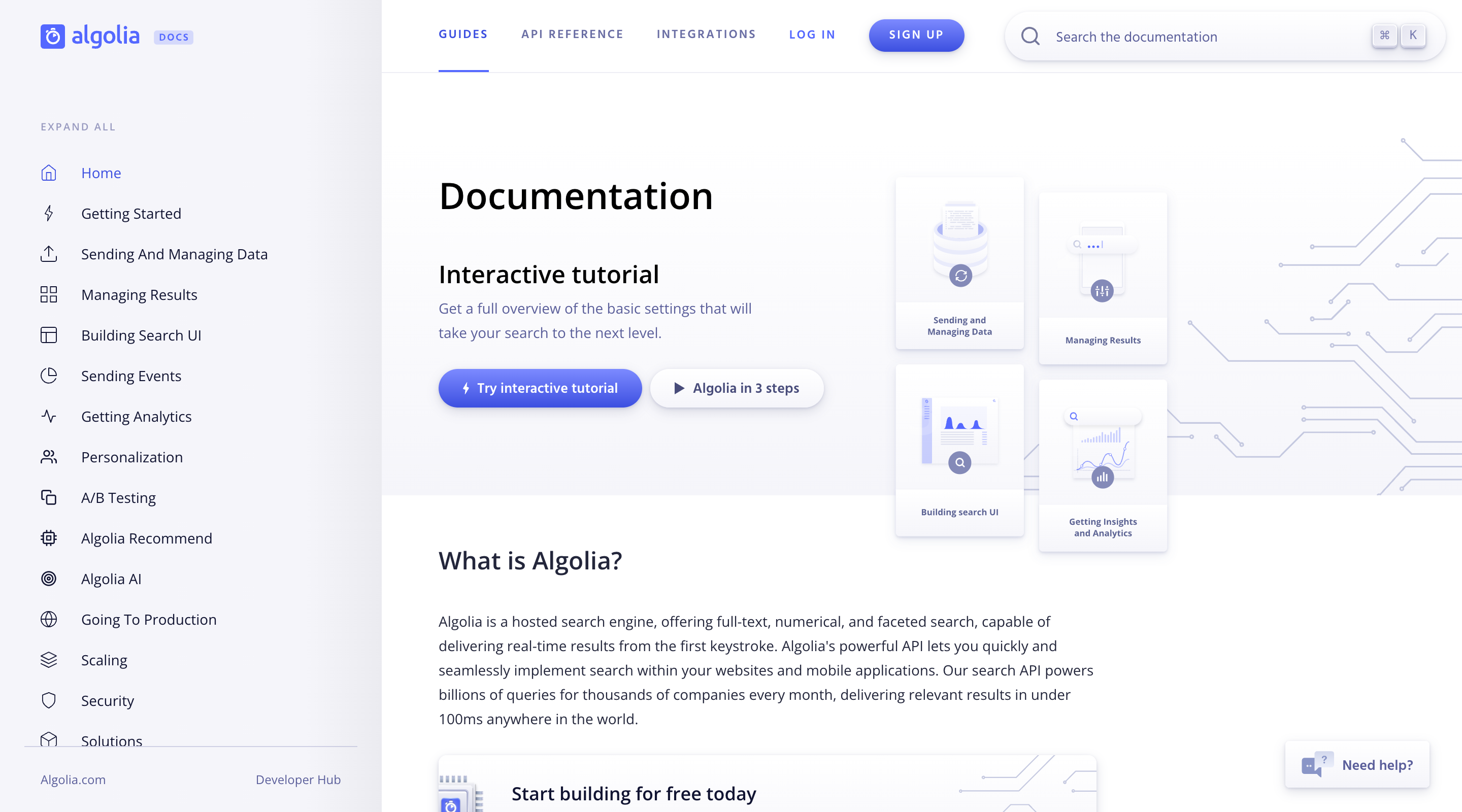 Screenshot of the Algolia documentation home page. A fixed sidebar lists the various guides. Call-to-actions in the hero section invite the user to try an interactive tutorial or learn more about Algolia.