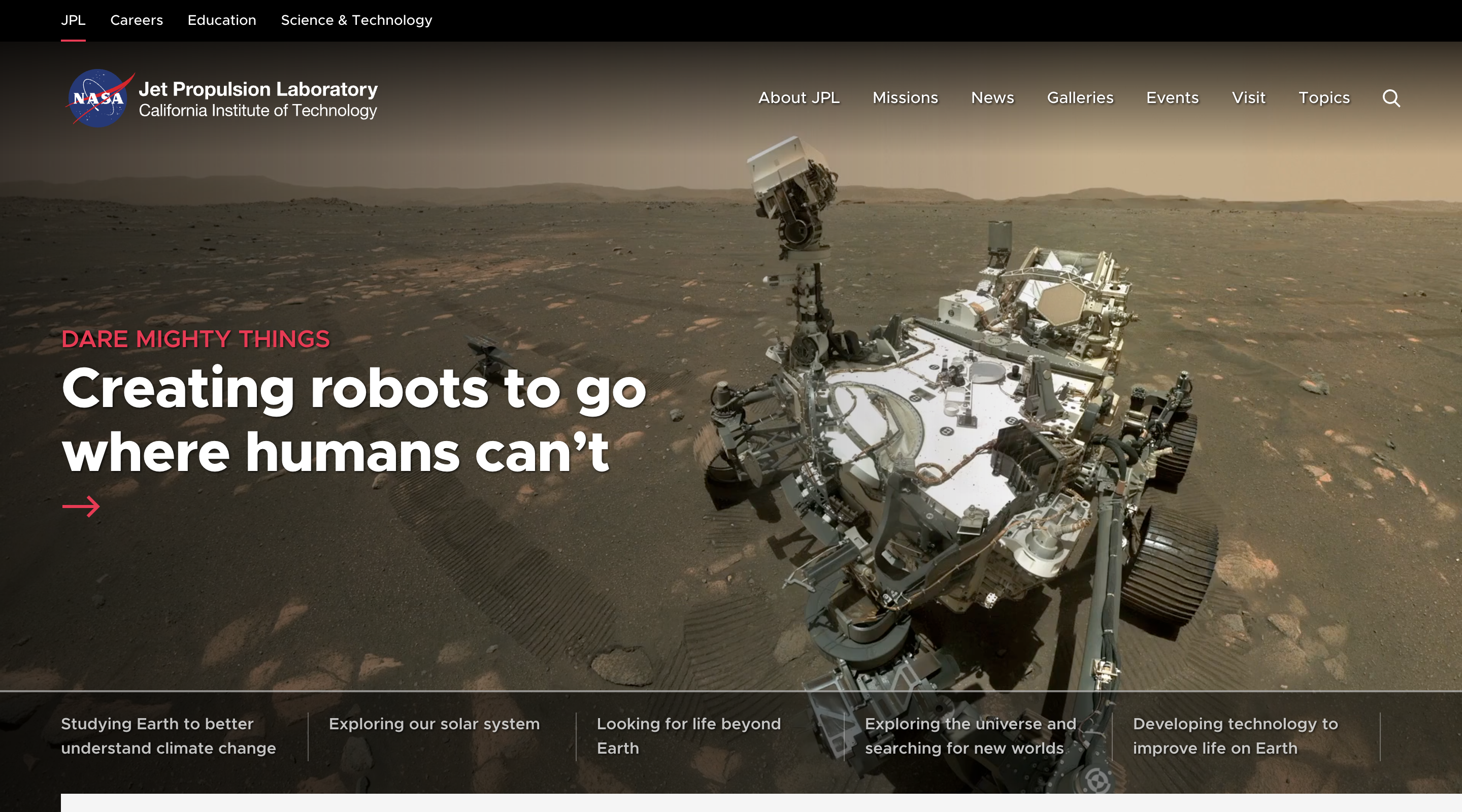 Screenshot of the NASA Jet Propulsion Laboratory home page. The header contains the NASA logo and main site navigation. The hero has a background image which is a selfie taken by NASA's Perseverance Mars Rover.