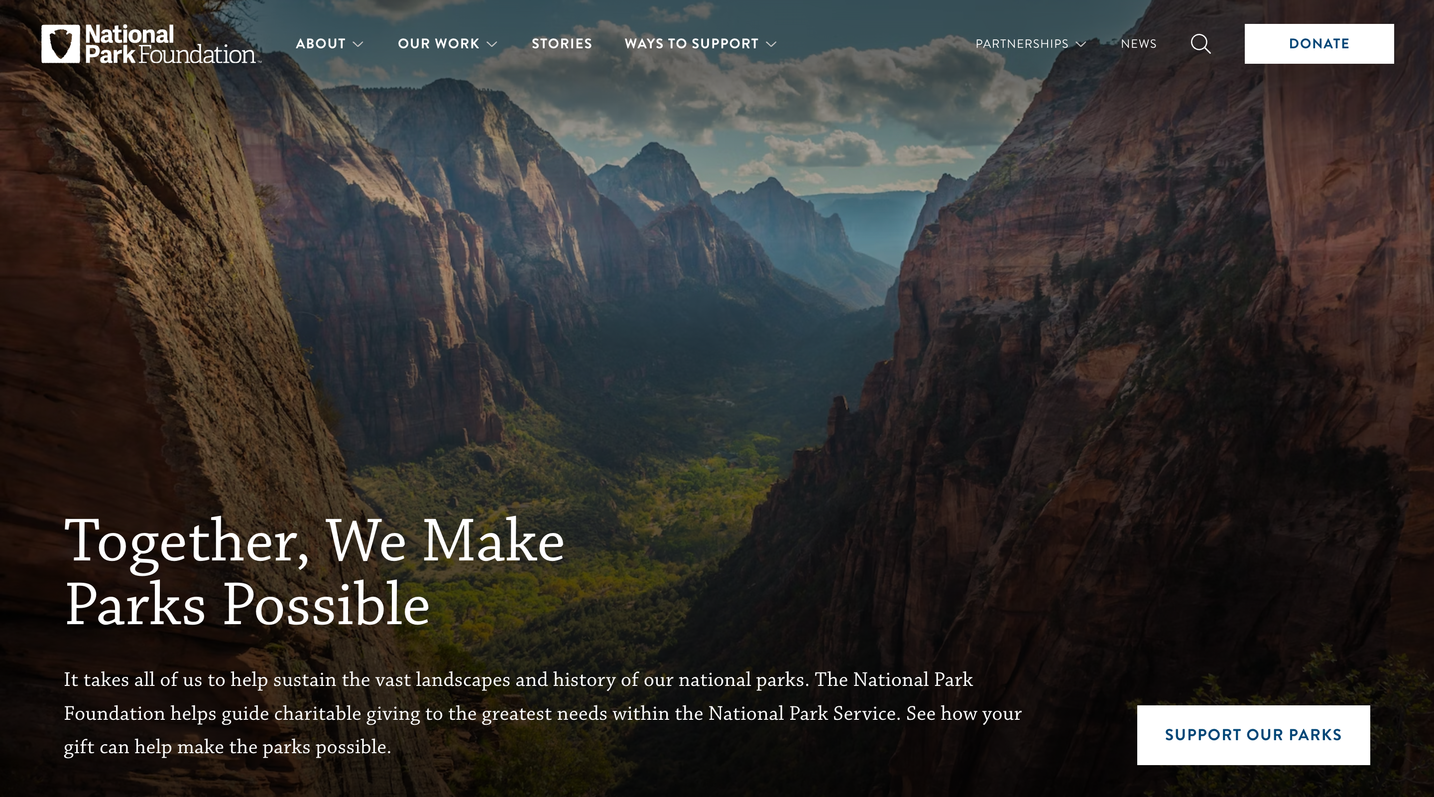Screenshot of the National Park Foundation home page. The header contains the National Park Foundation logo, the site navigation, a search button, and a large 'Donate' button. The hero section provides an introduction to the site and has a large 'Support our parks' call-to-action button. There is a background image of mountains across the whole screen.