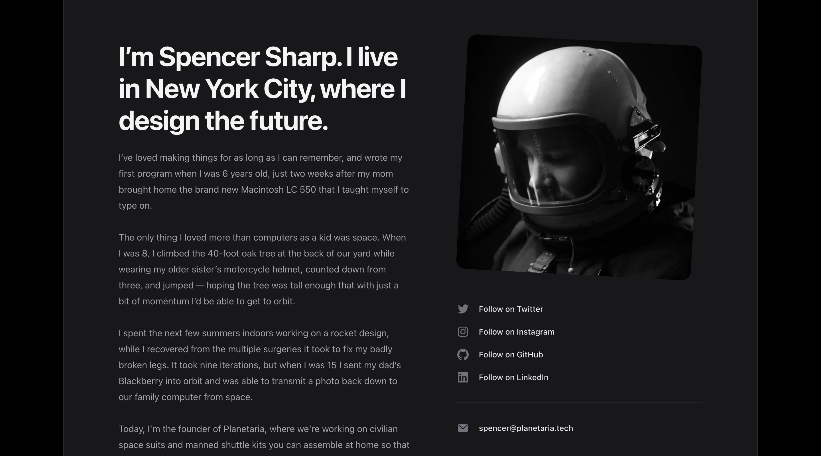 Screenshot of the Spotlight Tailwind UI template about page. On the left side of the screen is a series of paragraphs about the author's life. On the right is a photograph of the author and links to various social media profiles.