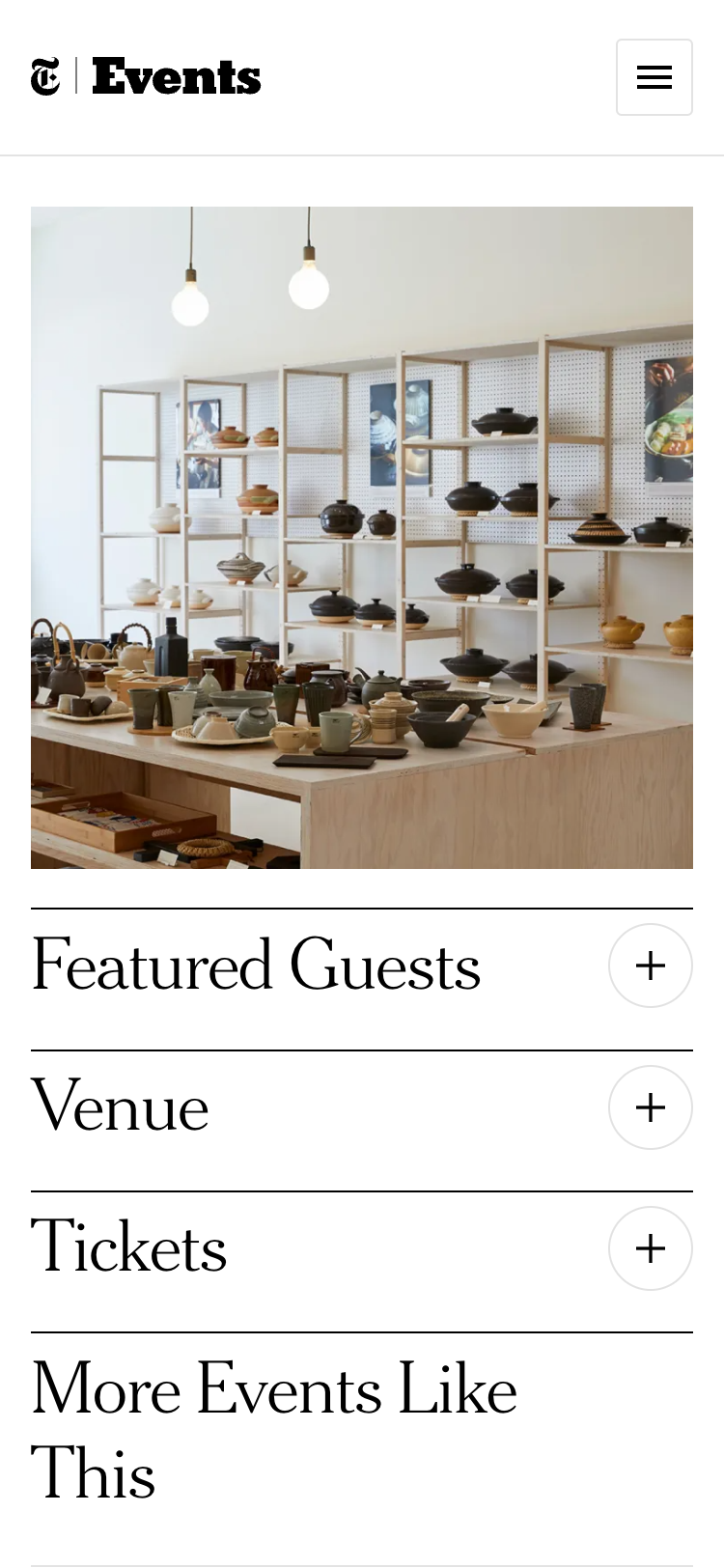 Screenshot of part of a single event page on a 375-pixel width mobile device. It shows an image and a part of the page that’s split into sections for featured guests, venue, tickets, and “More Events Like This.” Each section is collapsed in an accordion-style element and can be toggled open by clicking a round plus-sign button.