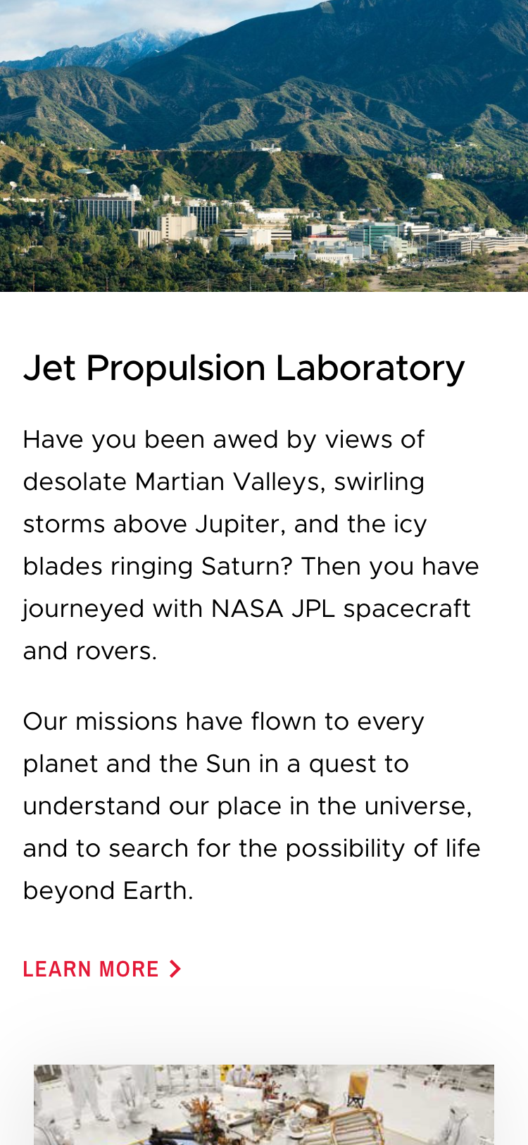 Mobile screenshot of the 'Jet Propulsion Laboratory' section on the NASA Jet Propulsion Laboratory website. At the top of the screen is a photograph of the laboratory, followed by a summary and a link to 'learn more'.