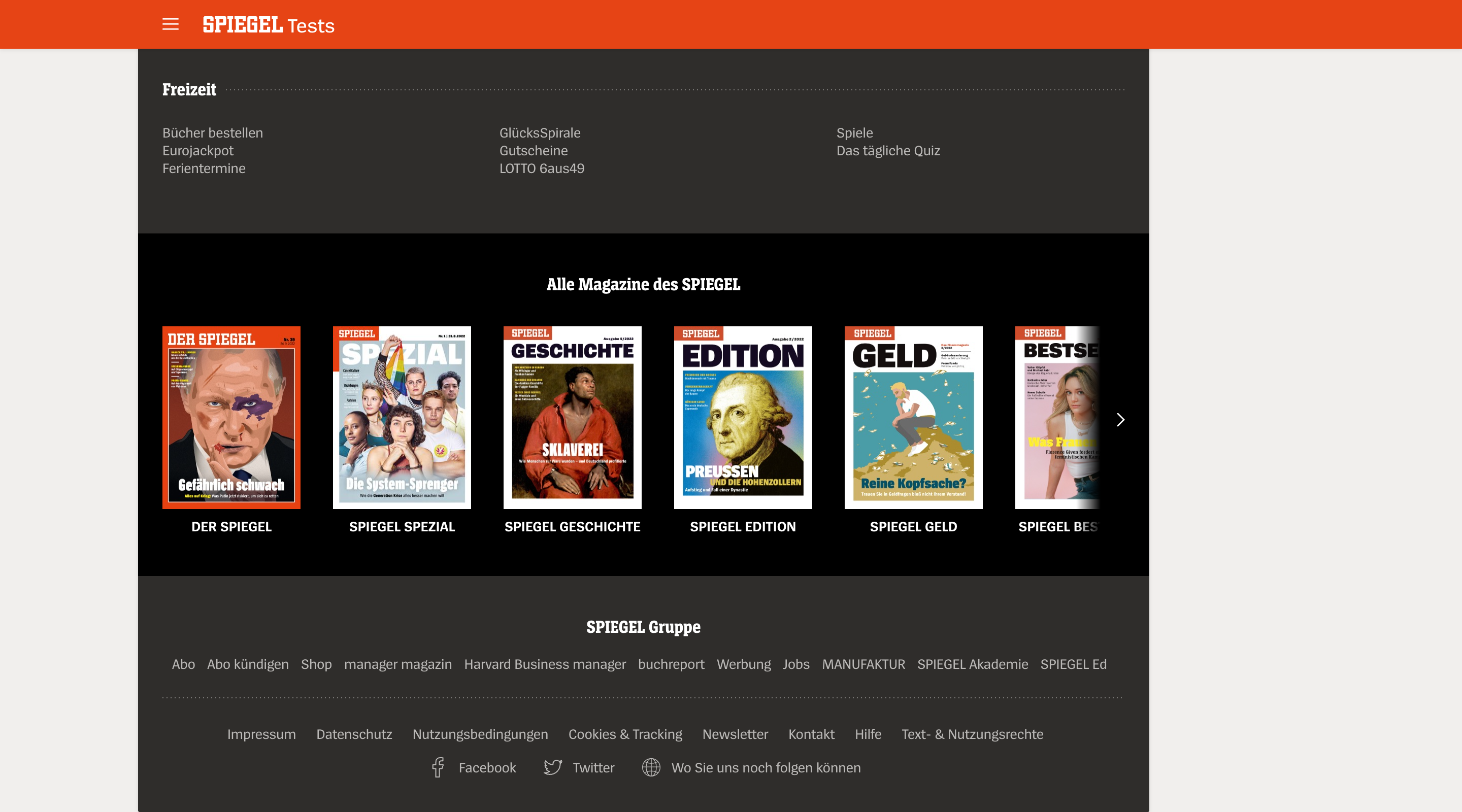 Screenshot of the Der Spiegel website footer. The header contains a menu button and the Spiegel logo. Below that there is a row of magazine cover images that extend off screen. At the bottom of the screen there is a list of page links followed by social media links.