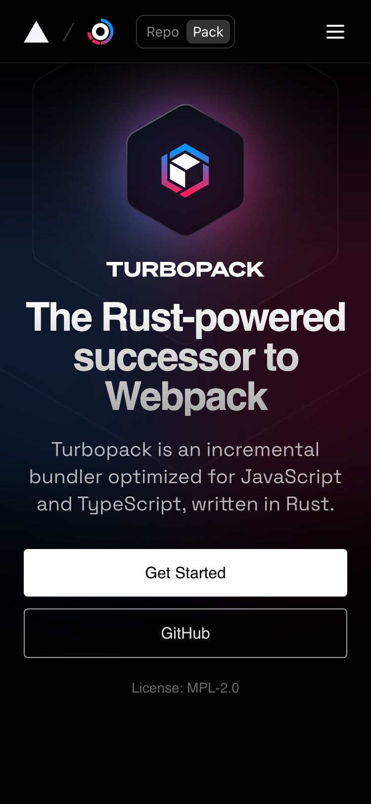 Screenshot of the Turbopack homepage on a 375-pixel wide mobile device. Nothing has changed from the desktop version except the content is narrower to fit the screen.