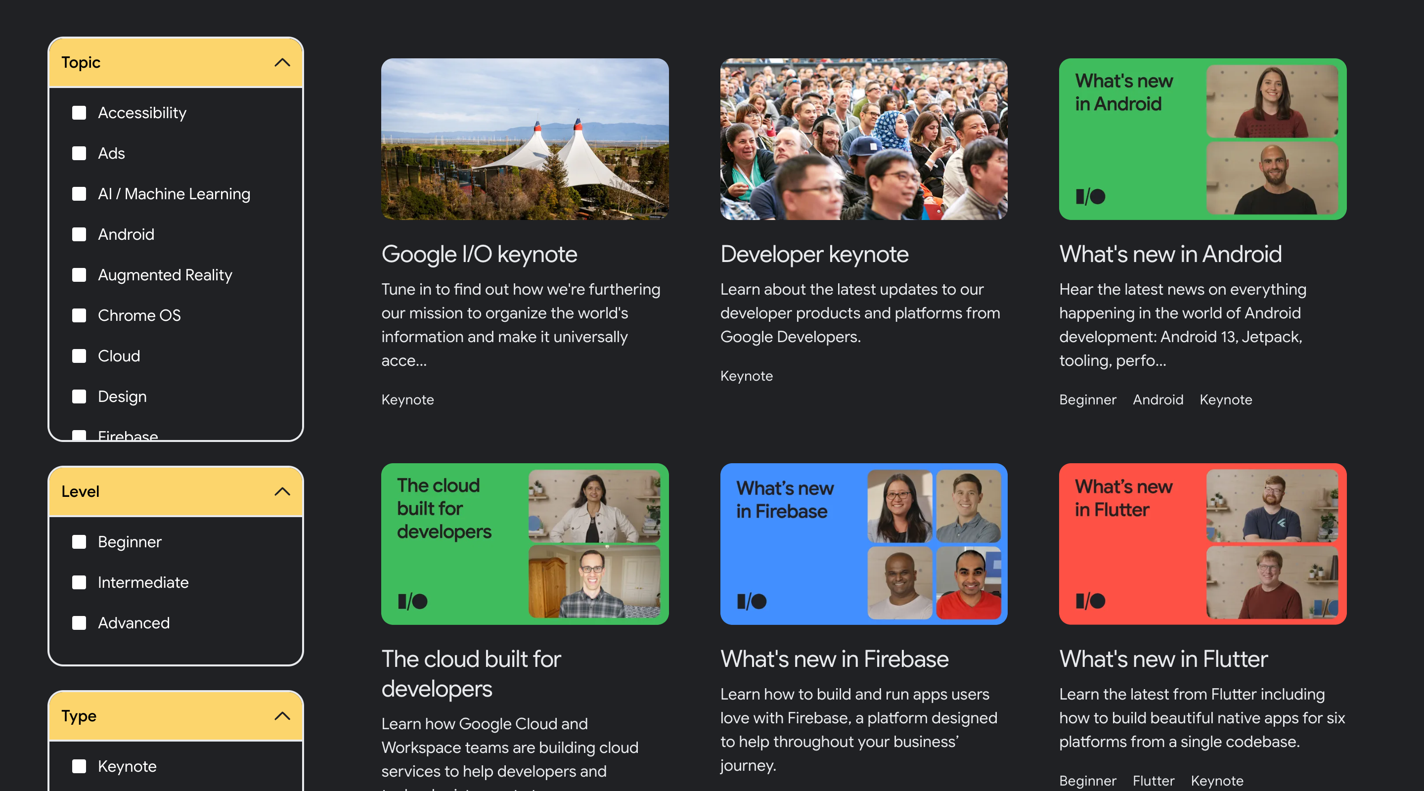 Screenshot of the Google I/O 2022 'Program' page. The page contains a list of videos with thumbnails and short descriptions, in three columns. On the left side of the screen there is a list of checkboxes that can be used to filter the list of videos.