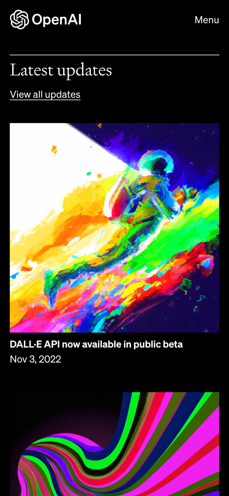 Screenshot of an article section on the OpenAI website on a 375-pixel wide mobile device. The background color is black with white text. The article in view is about the DALL·E API with a colorful painting of an astronaut as the featured image.