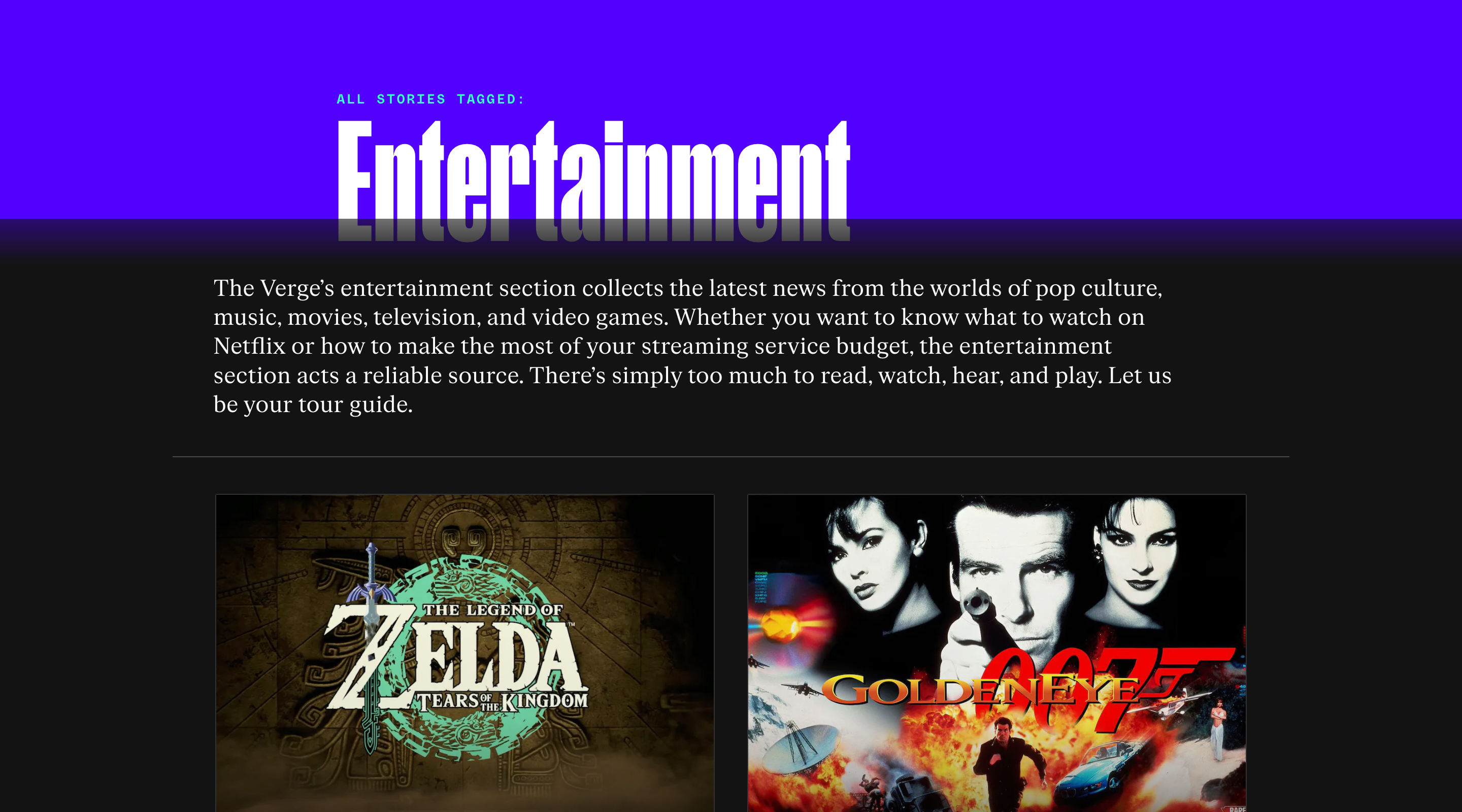 Screenshot of the 'Entertainment' section of the Verge website. The page title is displayed in large lettering at the top of the screen. Below is an introduction paragraph followed by two side-by-side images from entertainment articles.