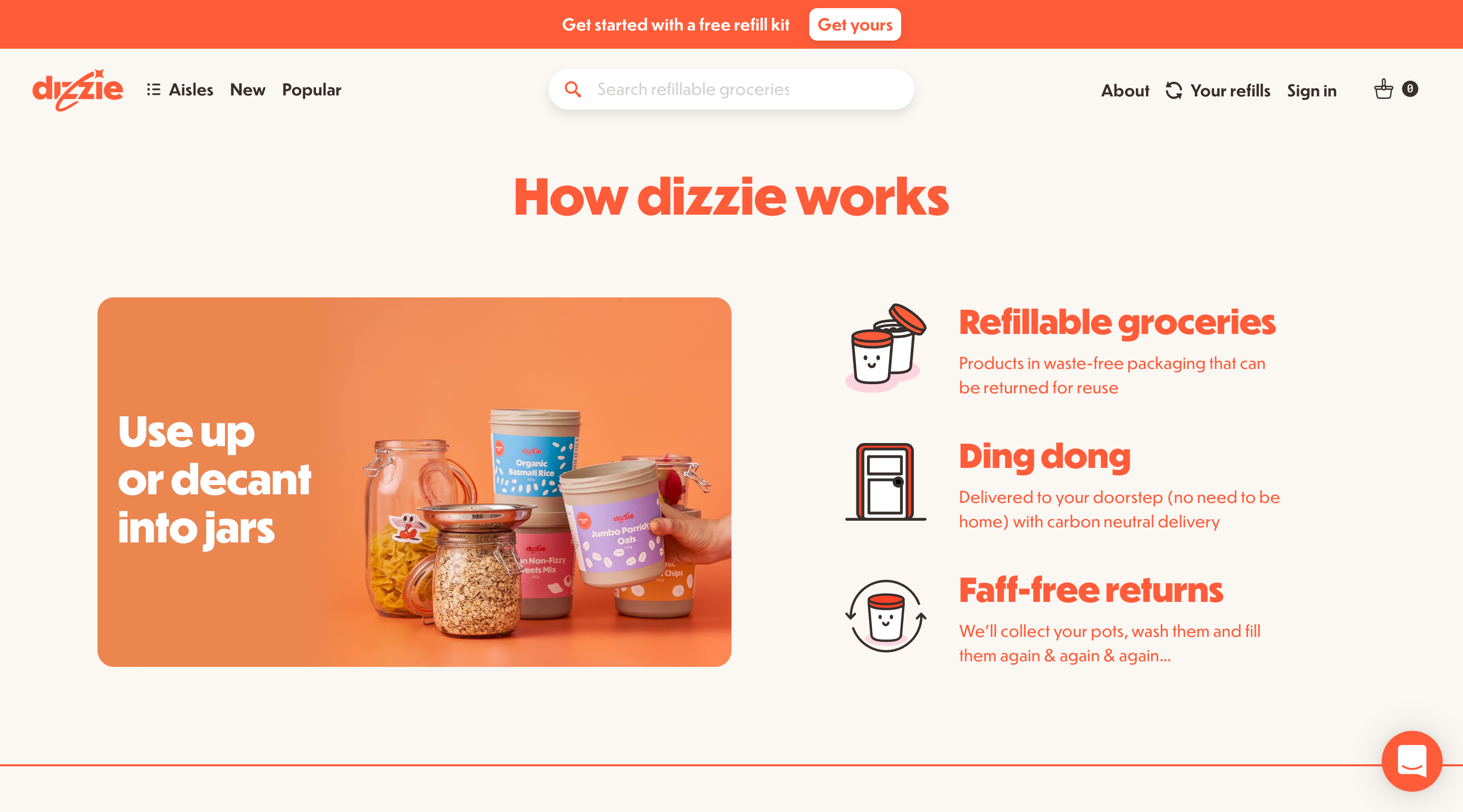 Screenshot of the 'How dizzie works' page of the Dizzie website. The header contains the Dizzie logo, main navigation, and a search bar. An image shows Dizzie pots being decanted into mason jars. Beside this the Dizzie process is explained in three steps with short descriptions and stylized icons.