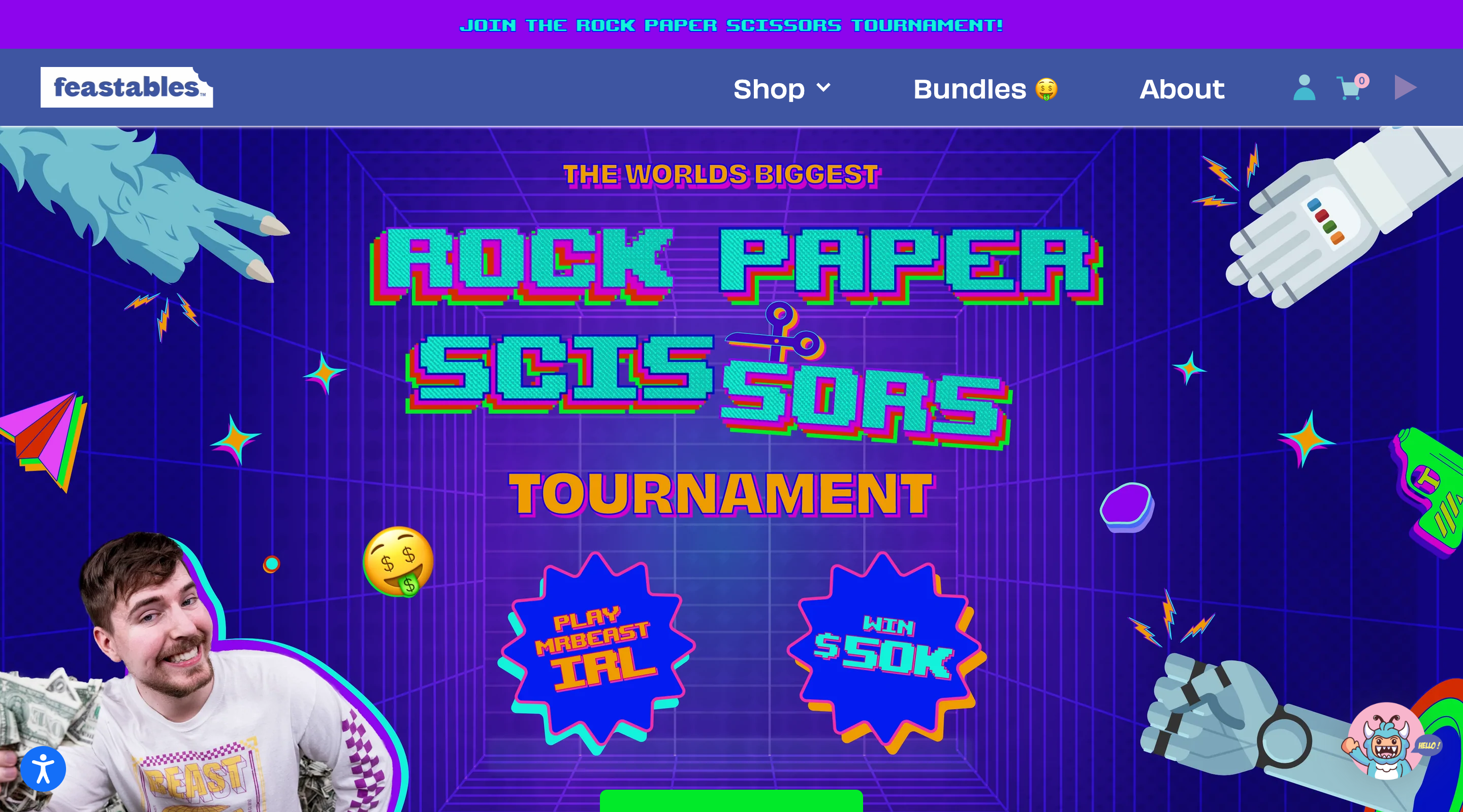 Screenshot of the Feastables website. A fixed header contains the Feastables logo and main site navigation. Below is a promotion for 'The World’s Biggest Rock Paper Scissors Tournament'. An illustration depicts robots and hairy creatures playing rock paper scissors. In the lower left corner of the screen there is a photograph of Mr Beast holding a wad of cash.