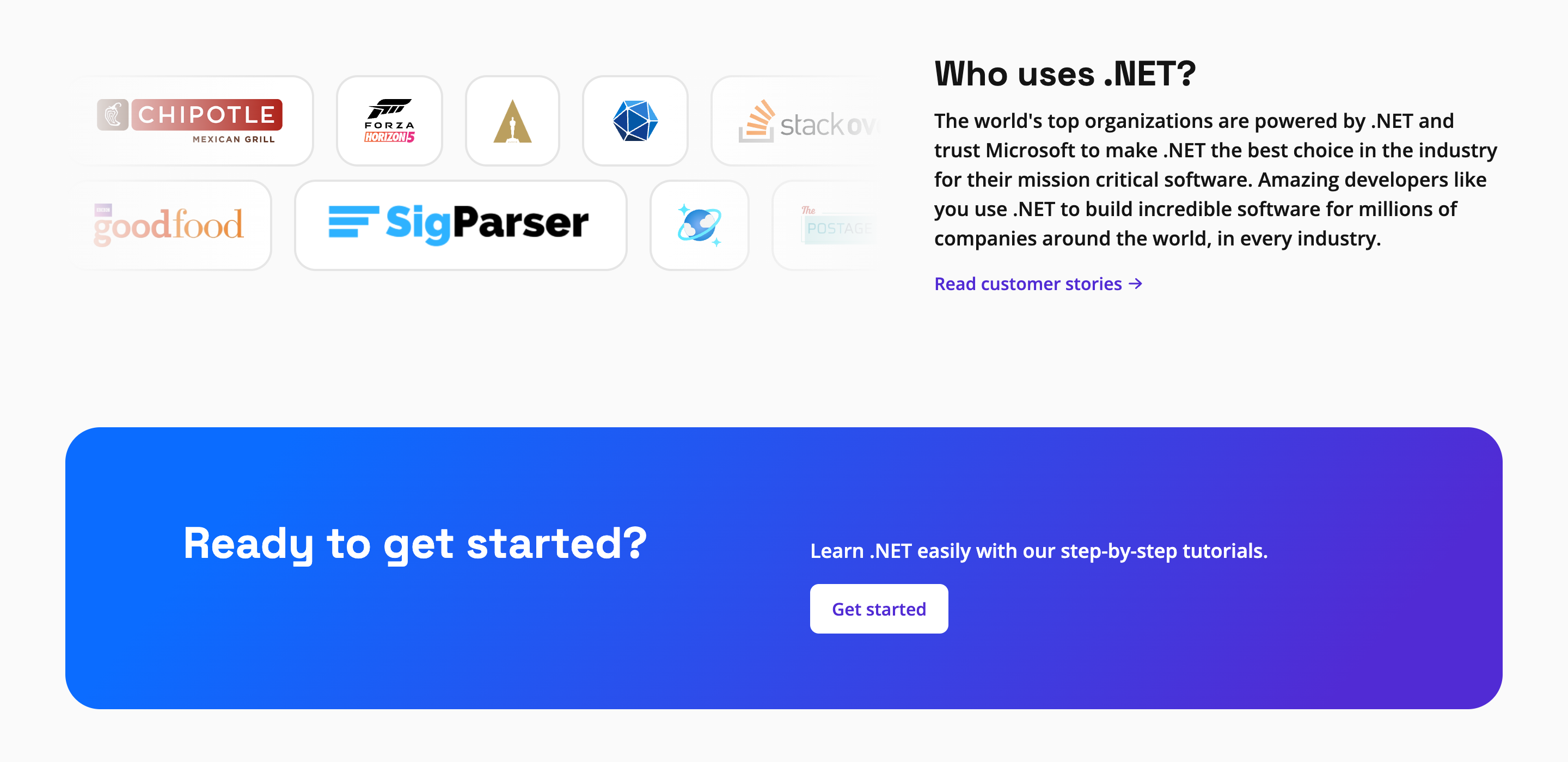 Screenshot of the footer section. The first part features some notable logos, such as the Chipotle logo, text to back up who uses .NET, and a link to read customer stories. Below is a full-width card with a blue-purple background gradient, a headline saying "Ready to get started?", some text about learning .NET, and a button saying "Get started."