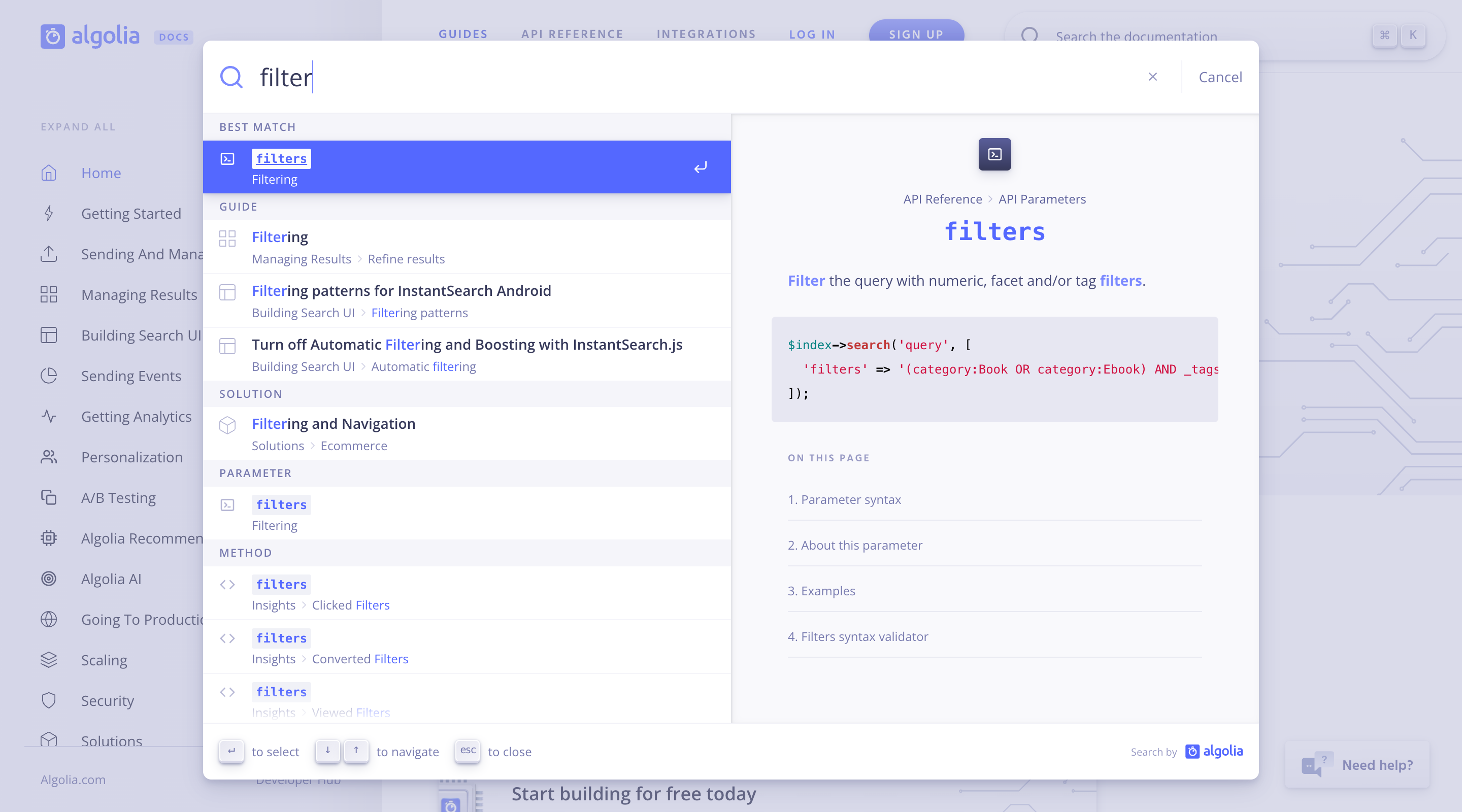 A screenshot of the Algolia documentation site with the search modal overlay active. The user has searched for the 'filter' keyword and the results are listed on the left of the modal. On the right side more information about the selected result is displayed.