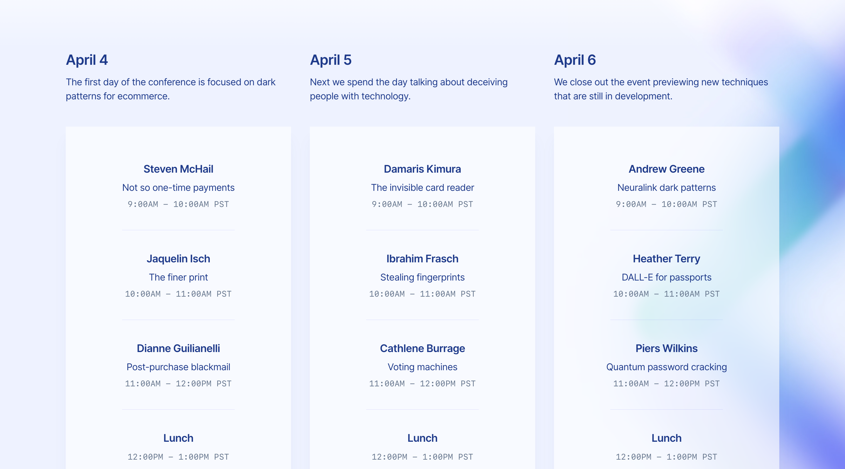 Screenshot of the 'Schedule' section of the Keynote Tailwind UI template. The conference dates are arrange in three columns. Each column contains a list of events for that day. Each event has a speaker name, talk title, and time.