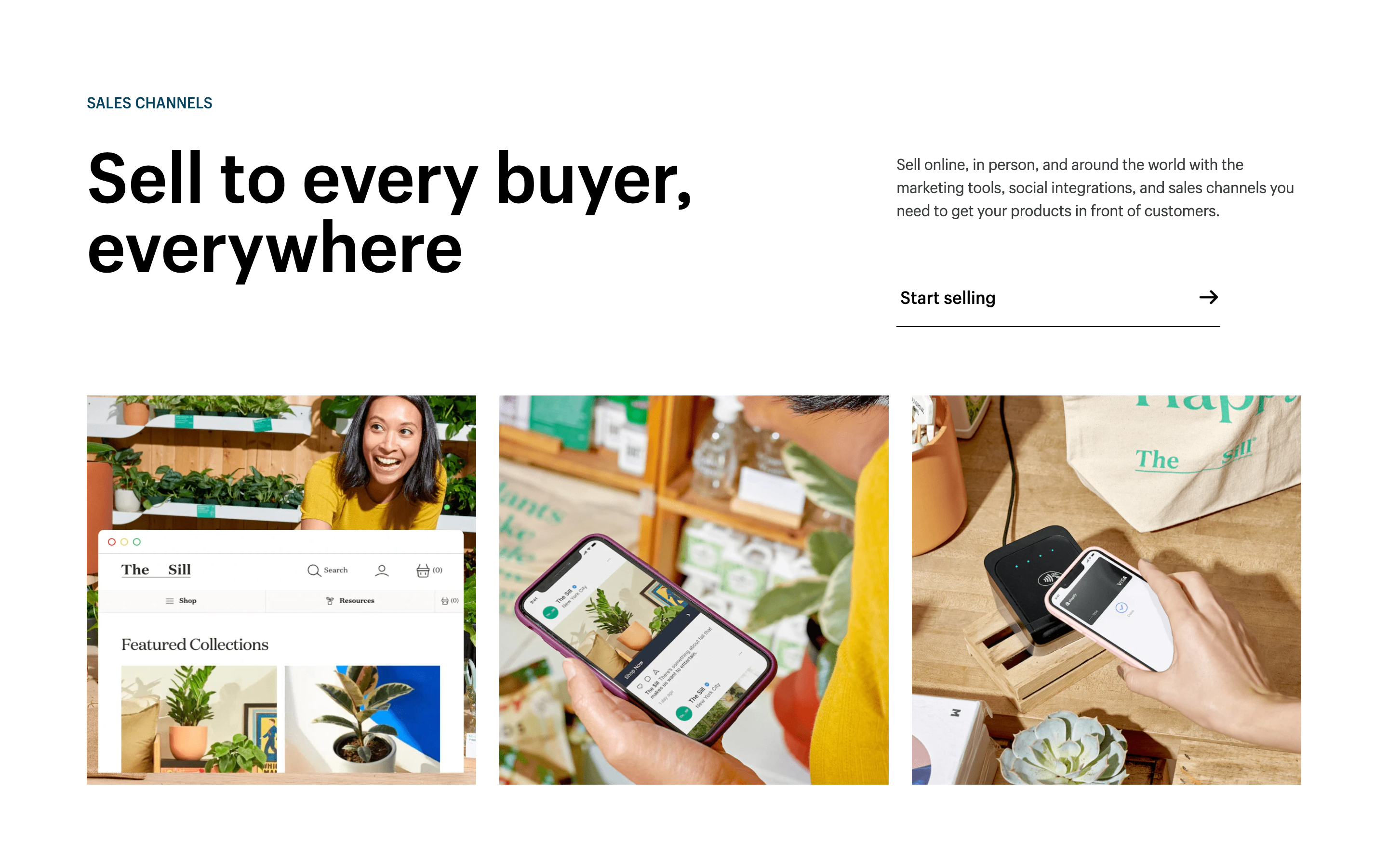 Screenshot of a feature section on the Shopify website showing different ways to buy on Shopify. There’s a headline with an all-caps eyebrow text above. To the right of the headline are a short description and a call to action to start selling. Below are three photos of people buying on Shopify via a website, a smartphone, and using Apple Pay in real life.