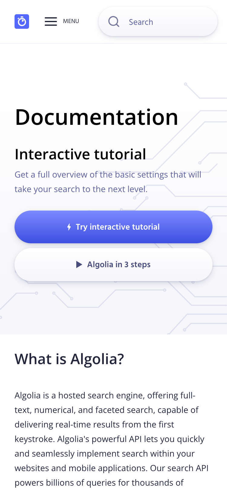 A mobile screenshot of the Algolia documentation home page. A header contains a 'menu' button and a 'search' button. Call-to-actions in the hero section invite the user to try an interactive tutorial or learn more about Algolia.