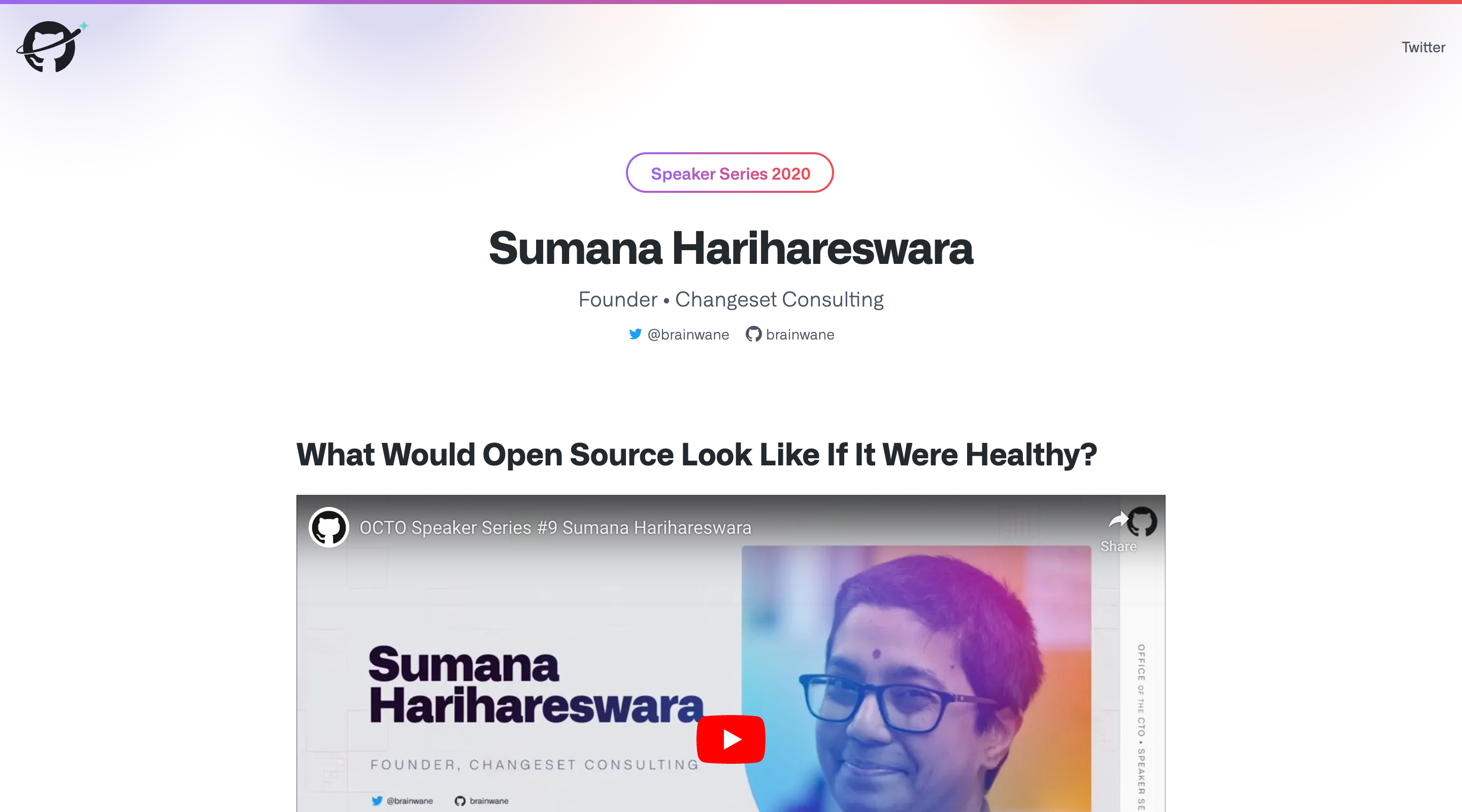 Screenshot of a talk page on the GitHub Next website with the speaker’s name as the headline and their title and company as the subheadline. The second headline contains the talk’s title, and there is a YouTube video of the talk below.