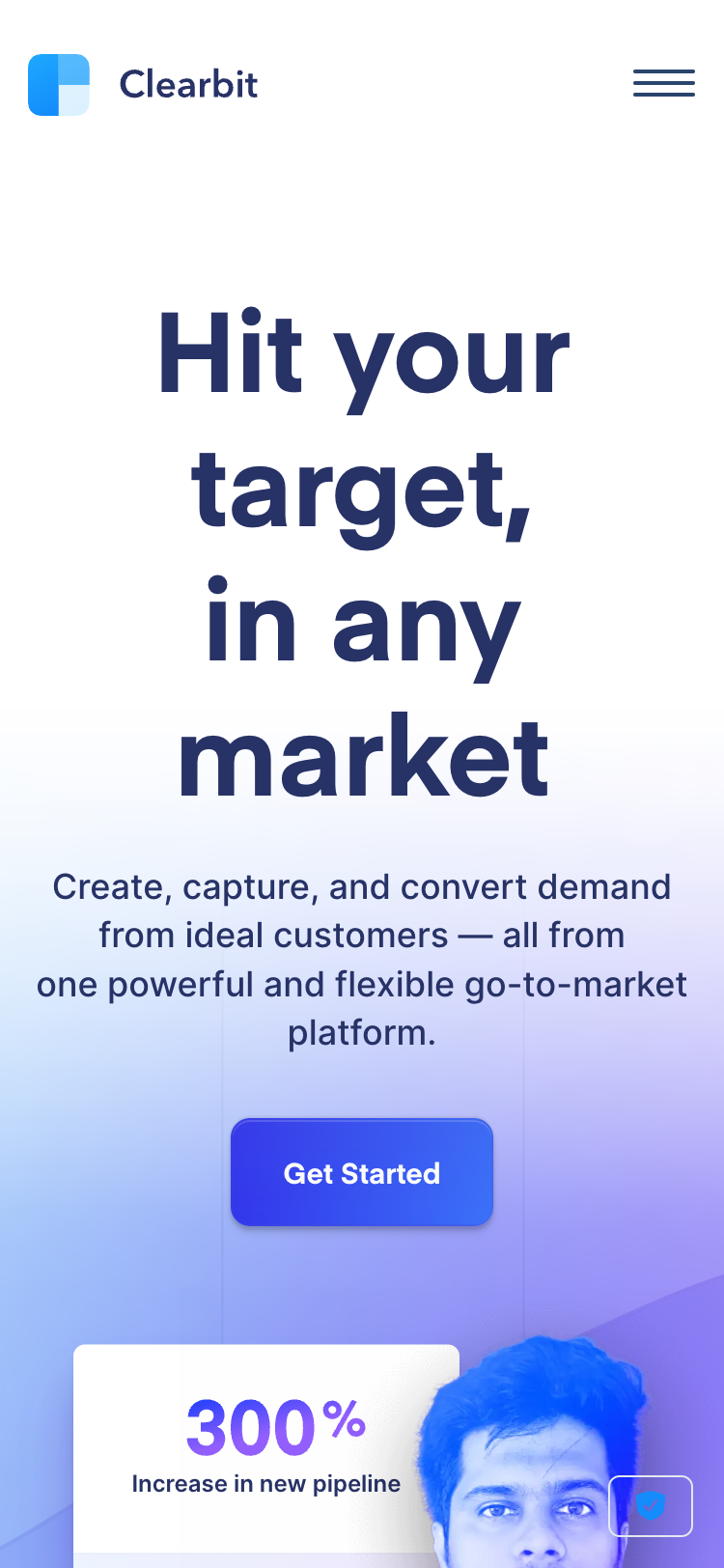Mobile screenshot of the Clearbit home page. A header contains the Clearbit logo and a 'menu' button. A main heading and short paragraph are followed by a 'Get Started' call-to-action in the hero section.
