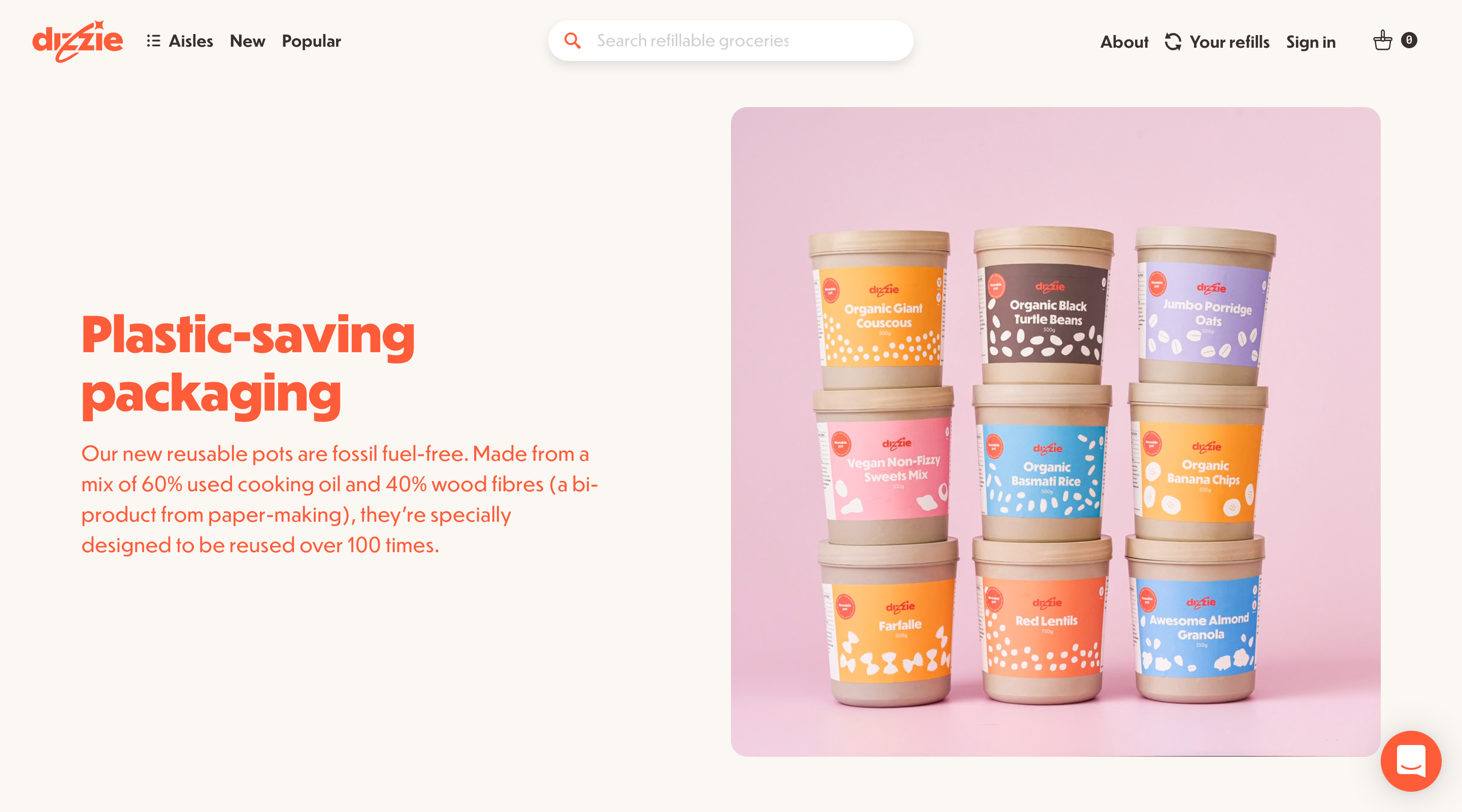 Screenshot of the 'Plastic-saving packaging' section of the Dizzie website. The header contains the Dizzie logo, main navigation, and a search bar. A photograph on the right side shows Dizzie pots stacked on top of each other. Beside this a paragraph explains that Dizzie pots are reusable up to 100 times.