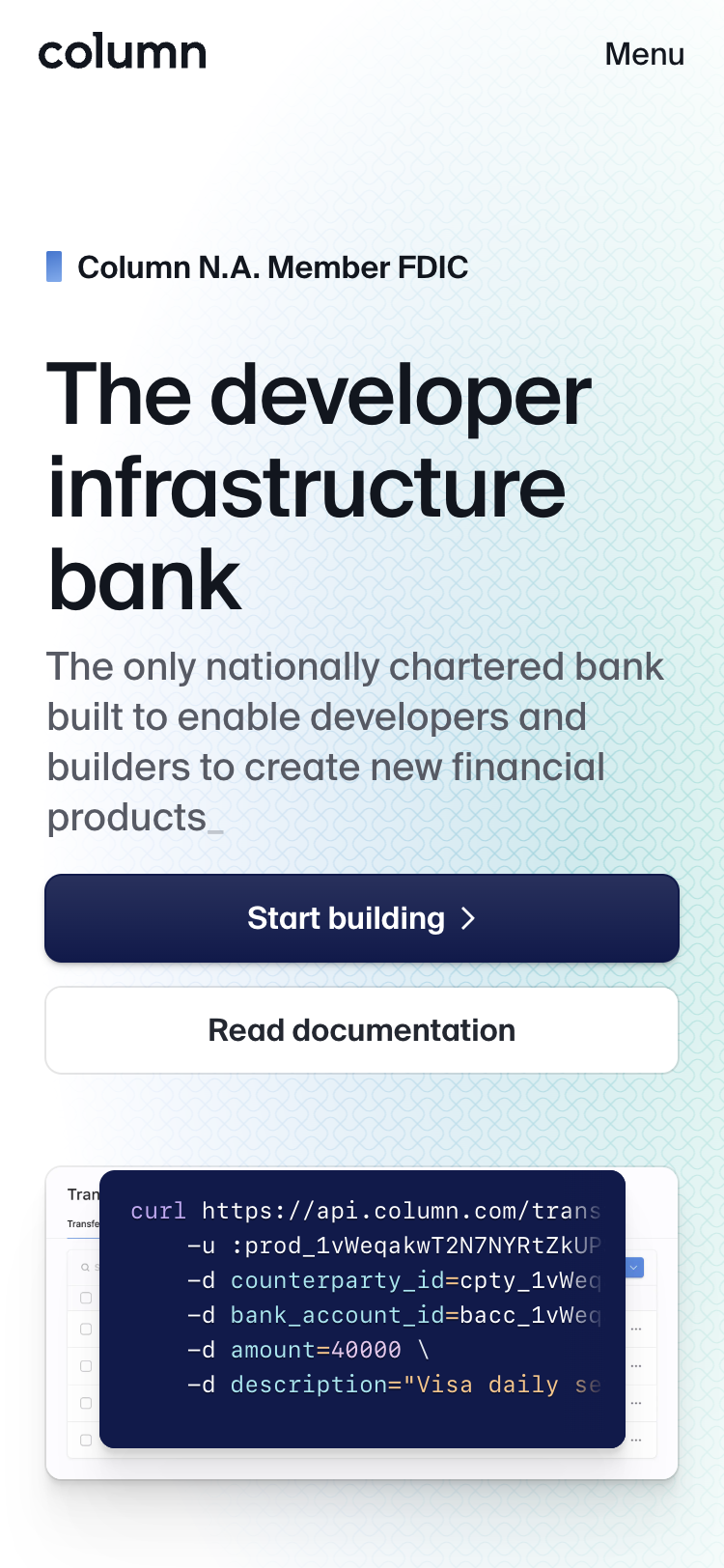 Mobile screenshot of the Column home page. A header contains the Column logo and a 'Menu' button. The hero section contains an example of using 'curl' with the Column API. Call-to-action buttons invite the user to 'Start building' or 'Read documentation'.