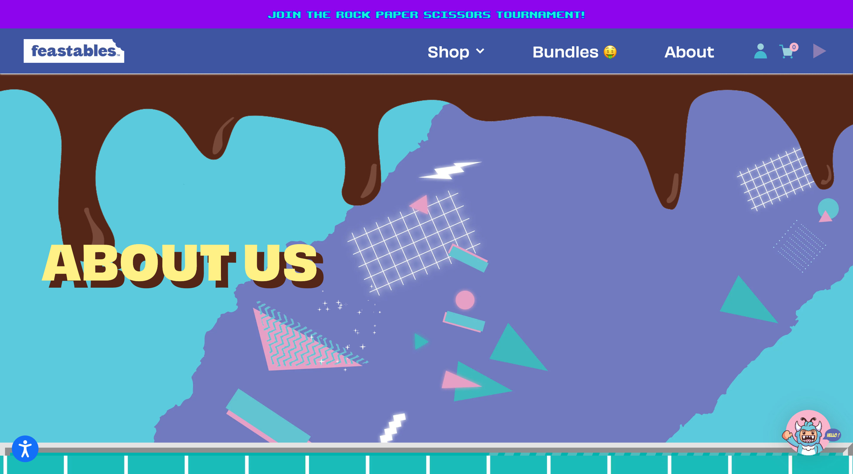 Screenshot of the 'About Us' page of the Feastables website. A header contains the Feastables logo and main site navigation. The hero section contains the 'About Us' title with an illustrative background that includes chocolate dripping down from the top.