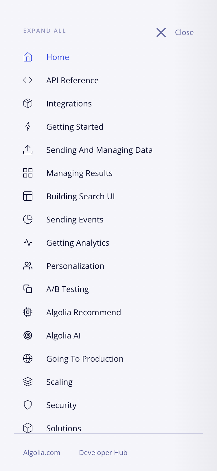 A mobile screenshot of the Algolia documentation navigation. The navigation covers the whole screen and lists the various guides. A 'close' button can be seen in the upper right corner of the screen.