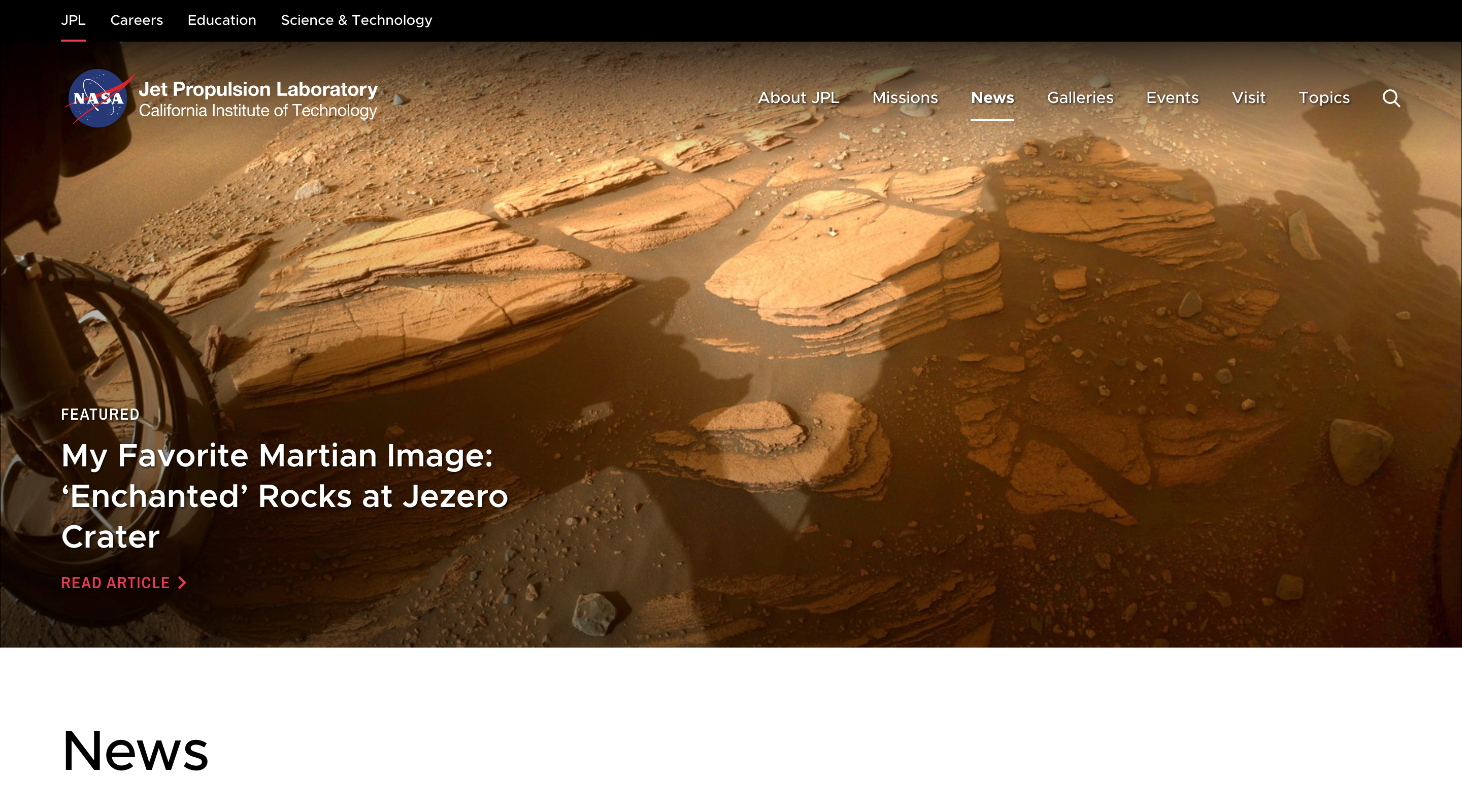 Screenshot of the 'News' page on the NASA Jet Propulsion Laboratory website. The header contains the NASA logo and main site navigation. Below is the featured article title and a photograph of the surface of Mars.