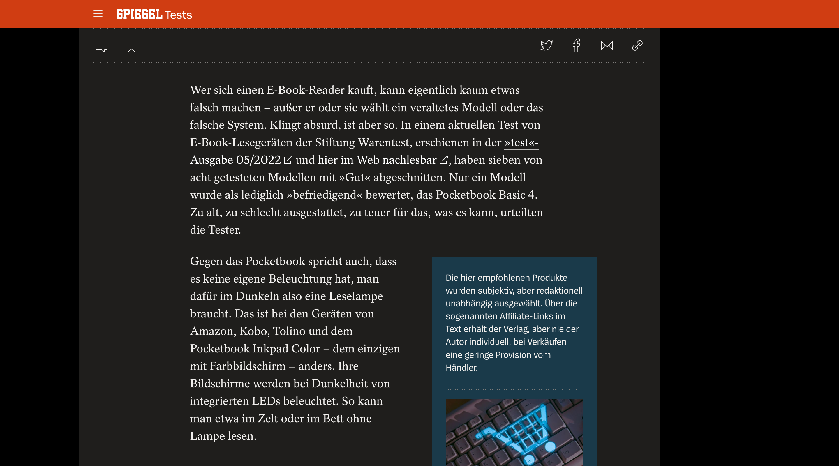 Screenshot of an article on the Der Spiegel website. The header contains a menu button and the Spiegel logo. Above the article text is a row of icons for sharing or bookmarking the article.