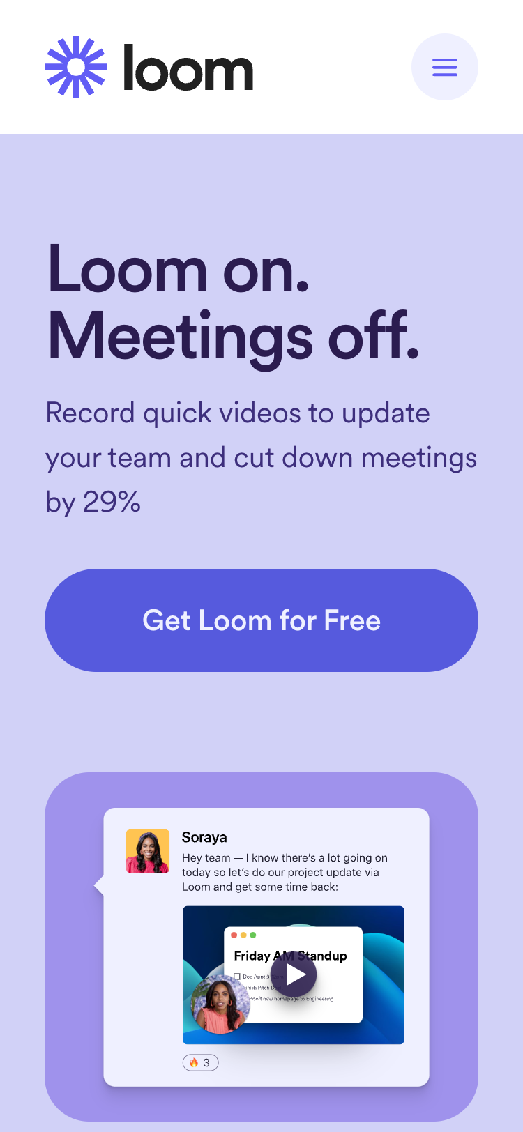 Mobile screenshot of the Loom home page. The header contains the Loom logo and a menu button. The hero has a large 'Get Loom for Free' button followed by a screenshot of the Loom app.