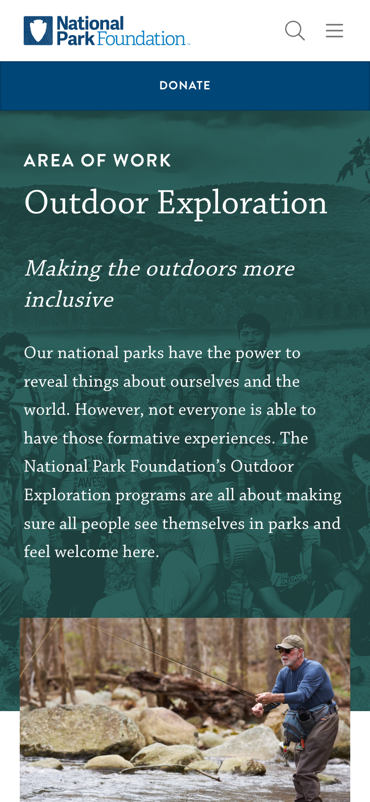 Mobile screenshot of the 'Outdoor Exploration' page of the National Park Foundation website. The header contains the National Park Foundation logo, a search button, and a menu button. A large 'Donate' button sits directly underneath the header. The hero section contains some introduction text and a photograph of a person fishing.