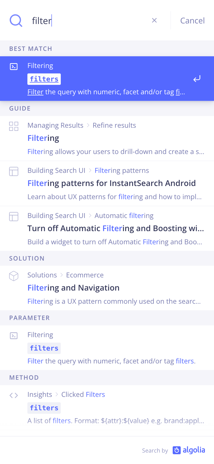 A mobile screenshot of the Algolia documentation search modal. The user has searched for the 'filter' keyword and the results are listed below the search input. The active result is highlighted in blue.