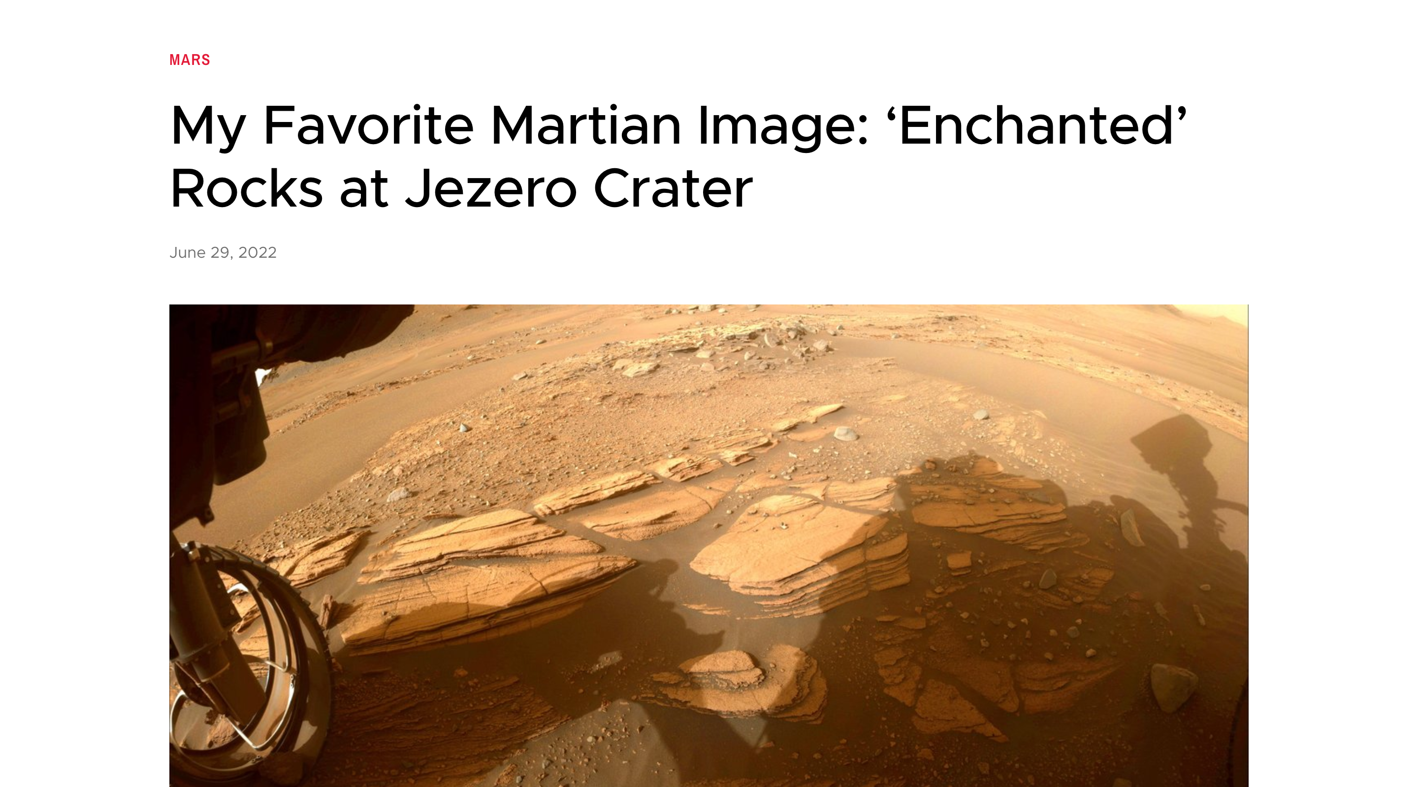 Screenshot of an article on the NASA Jet Propulsion Laboratory website. The article title is displayed in large lettering, followed by the date much smaller, and then an image of the surface of Mars.