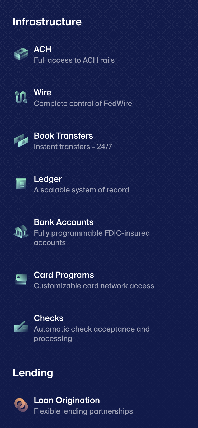 Mobile screenshot of a list of products on the Column website. The list contains items such as 'Book Transfers' and 'Bank Accounts', along with stylized icons and short descriptions of each.