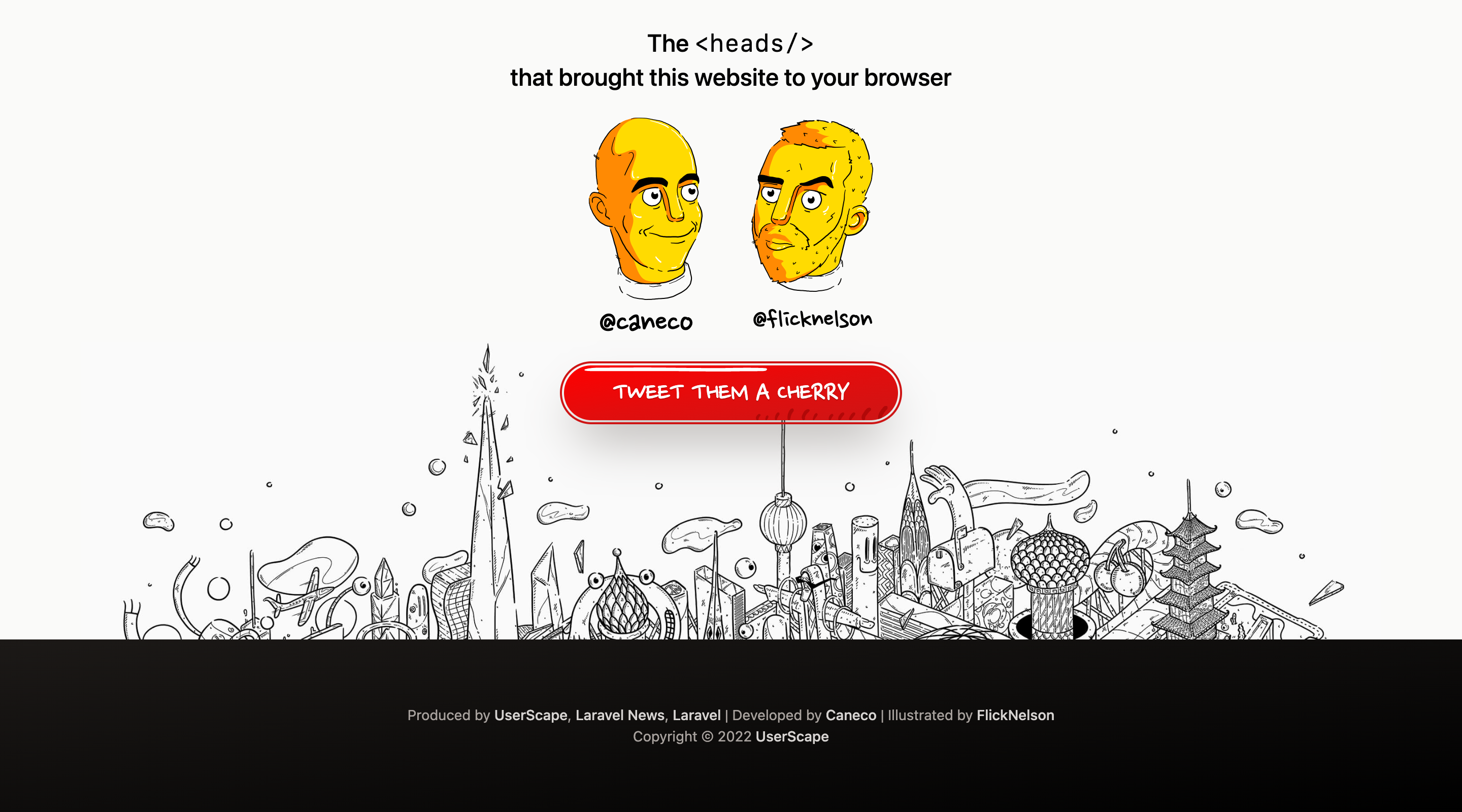 Screenshot of the footer of the Laracon Online website. There is a stylized illustration of the creators of the website, followed by a 'Tweet them a cherry' button. Below is a detailed illustration of a fantastical make believe city and site copyright notices.