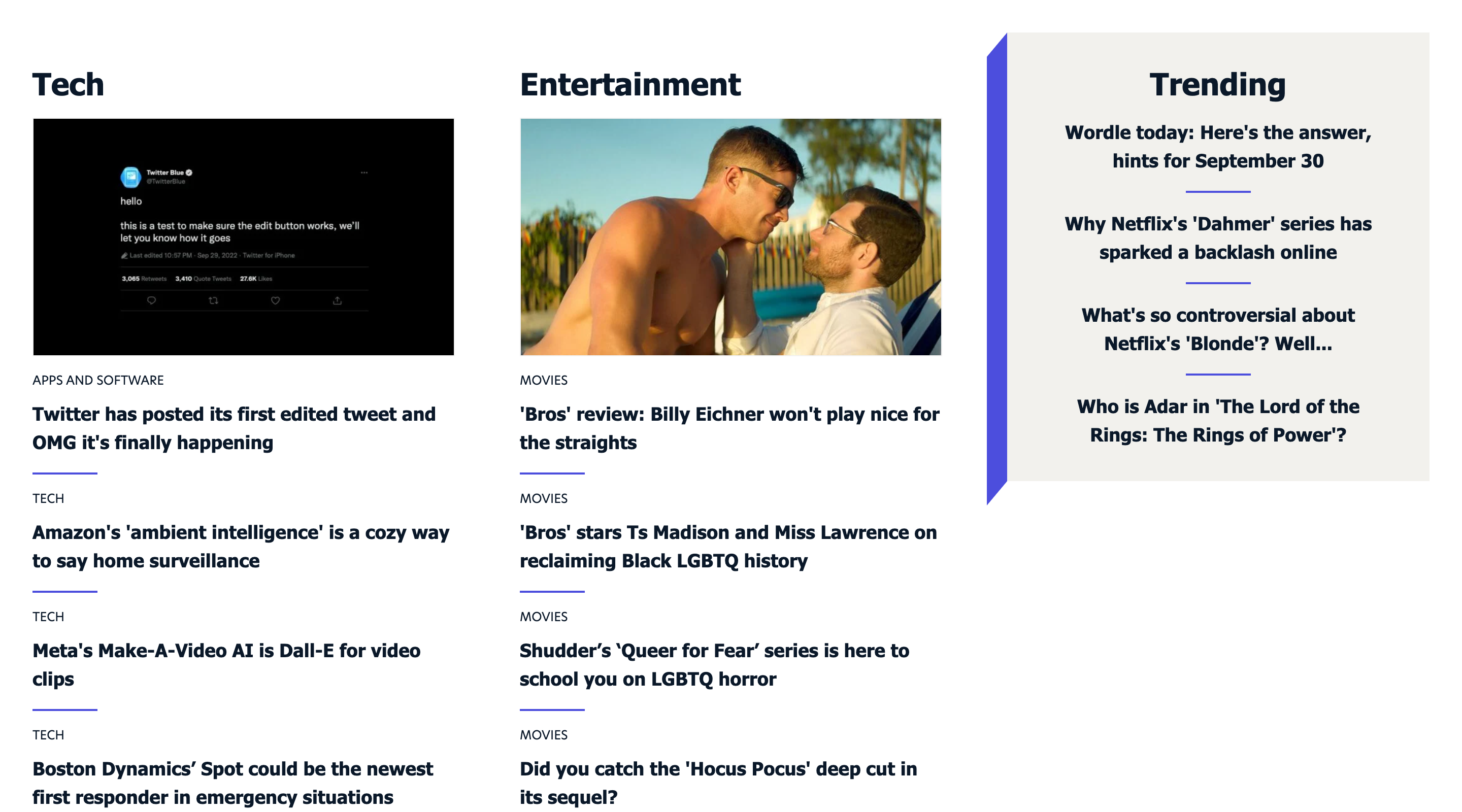 Screenshot of the Mashable home page. News article titles are arranged in three categories, one category per column.