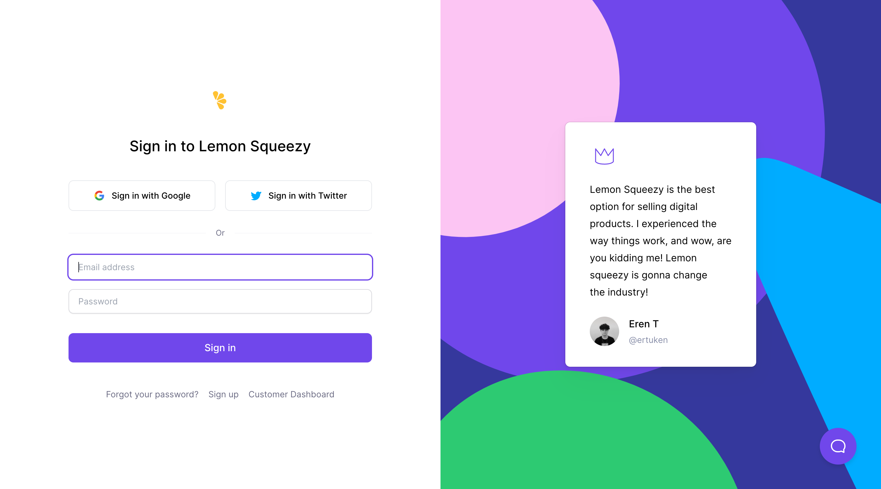 Screenshot of the login screen for the Lemon Squeezy app. The screen is split in two, 50/50. To the left is a login form and buttons to sign in with Google and Twitter. To the right is a colorful background with the familiar Lemon Squeezy color patterns of drops and circles. In the middle of the section is a testimonial from a Lemon Squeezy customer.