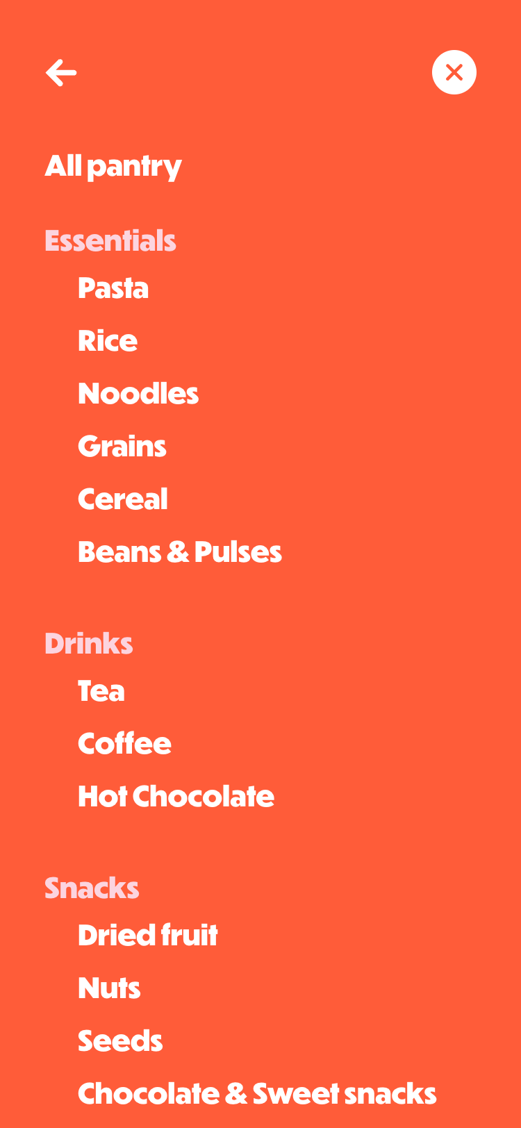 Mobile screenshot of the Dizzie website's main navigation. The navigation overlay covers the whole screen and lists the product types such as 'Noodles' and 'Coffee'. There is a 'back' button and a 'close' button at the top of the screen.