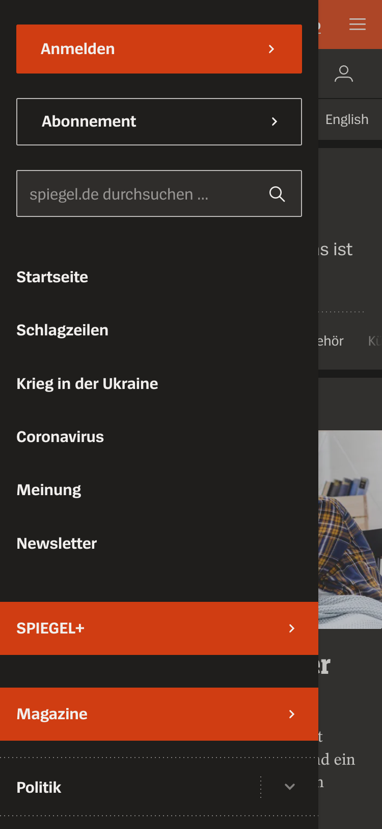Mobile screenshot of the Der Spiegel main navigation. The navigation overlay covers the screen and contains a list of page links and a search bar.