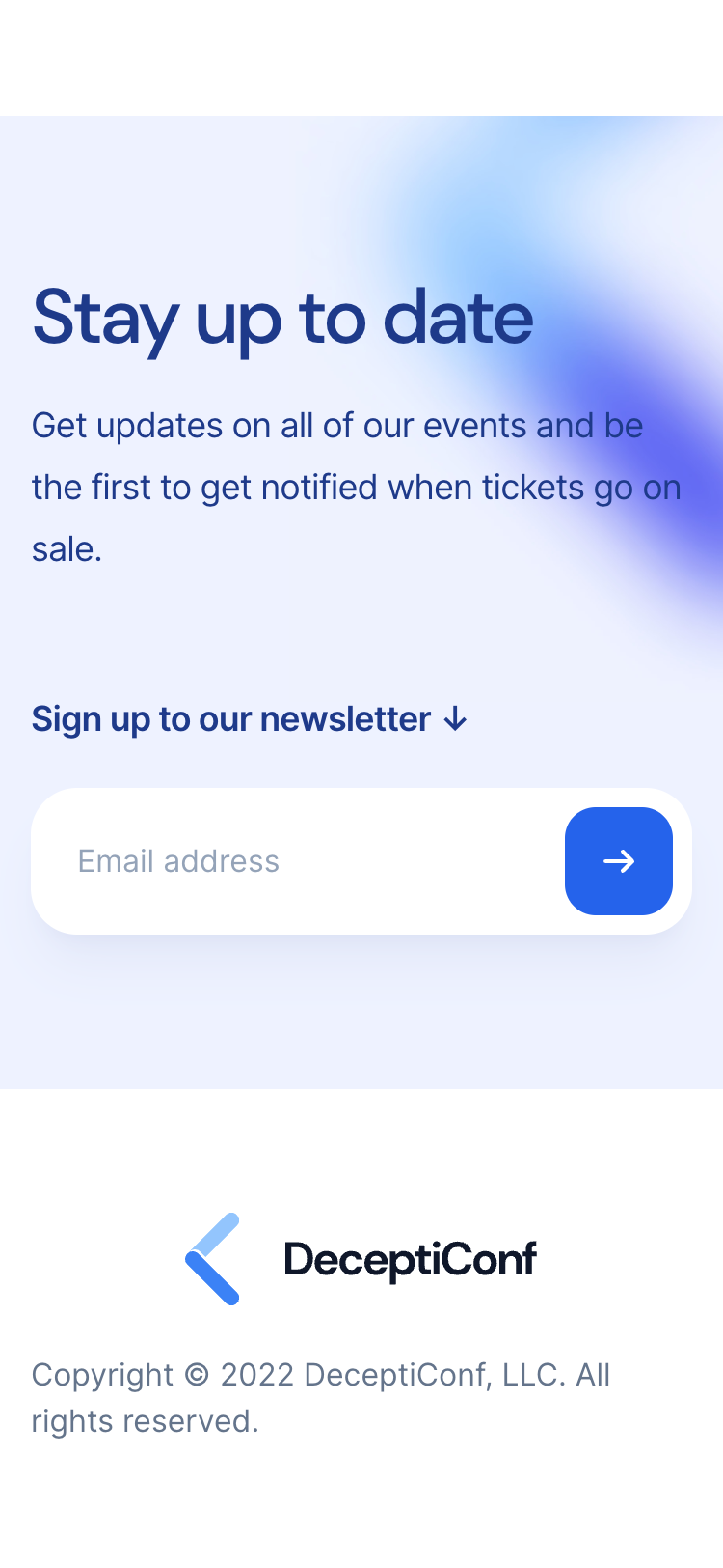 Mobile screenshot of the Keynote Tailwind UI template footer. The footer contains a newsletter sign up form with an introduction paragraph and email address input field. Below that is the DeceptiConf logo and copyright notice.