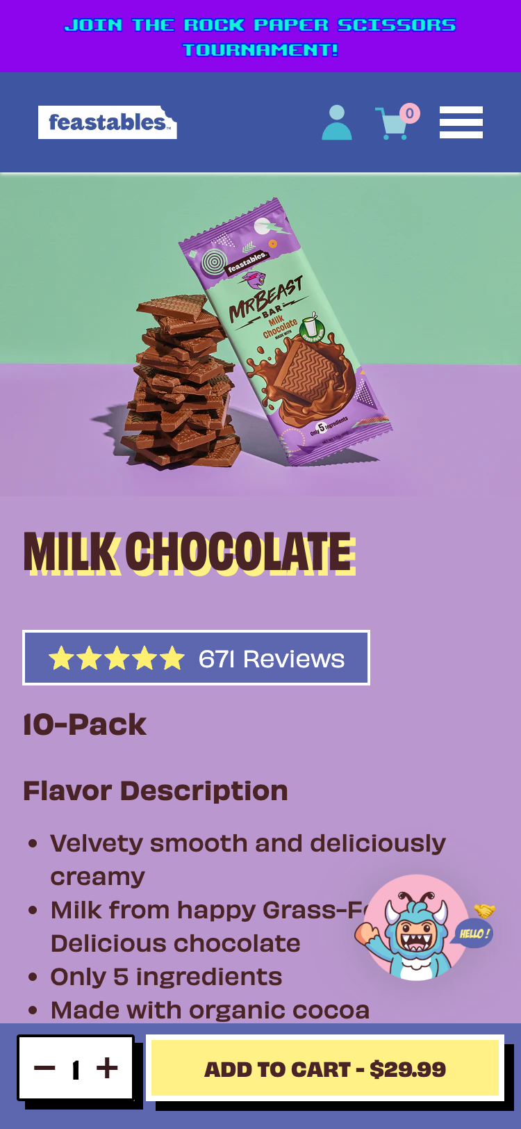 Mobile screenshot of the 'Milk Chocolate' product page of the Feastables website. There is a photograph of the Mr Beast Milk Chocolate Bar, and below it is a product description and an 'Add to cart' button.