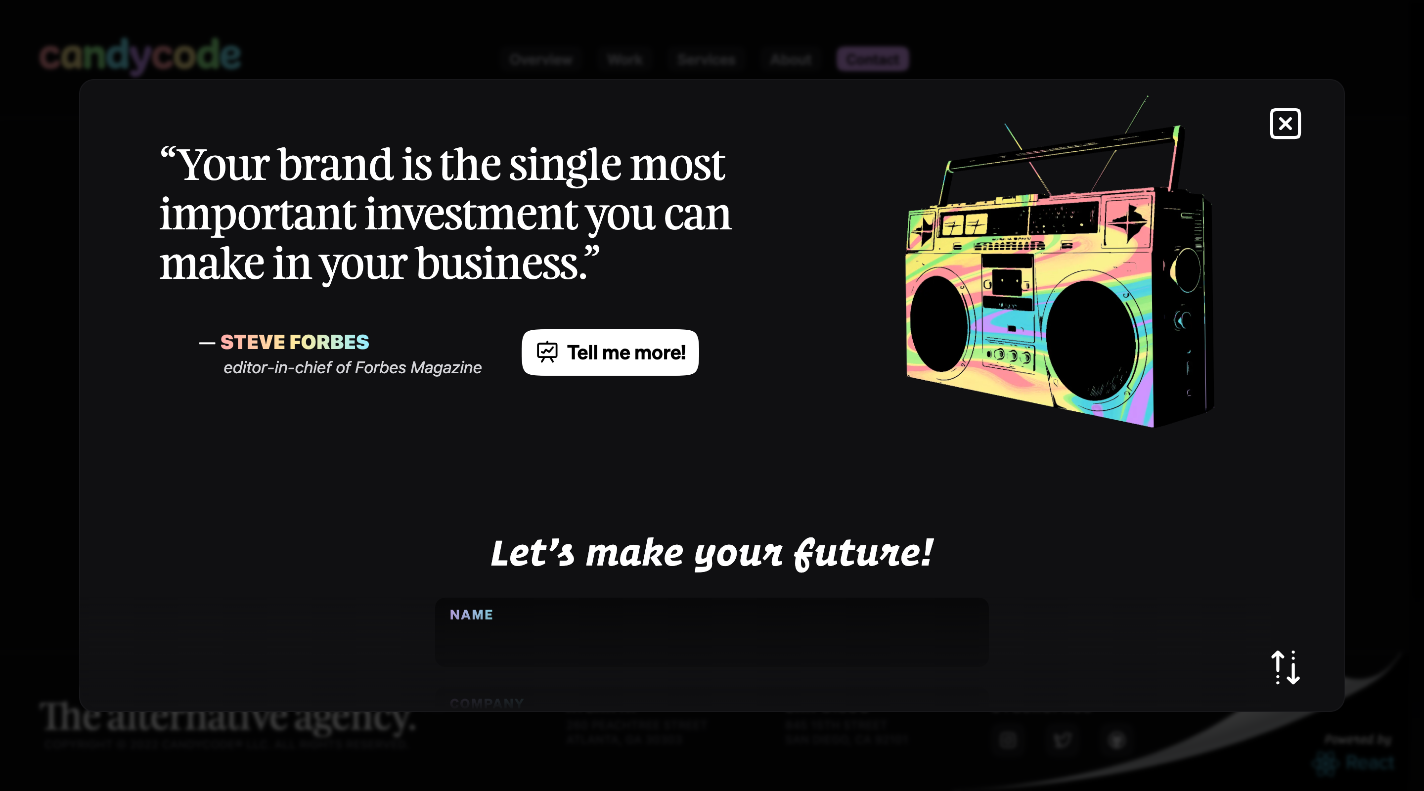 Screenshot of the modal that is triggered by clicking the ”Say hello” button. To the left is a quote by Steve Forbes and a button saying ”Tell me more!”. To the right is an 80s-style cassette player/radio in blue, green, purple, red, and yellow colors. Below is a heading saying ”Let´s make your future!” followed by a contact form, where only the name field is visible in this screenshot.