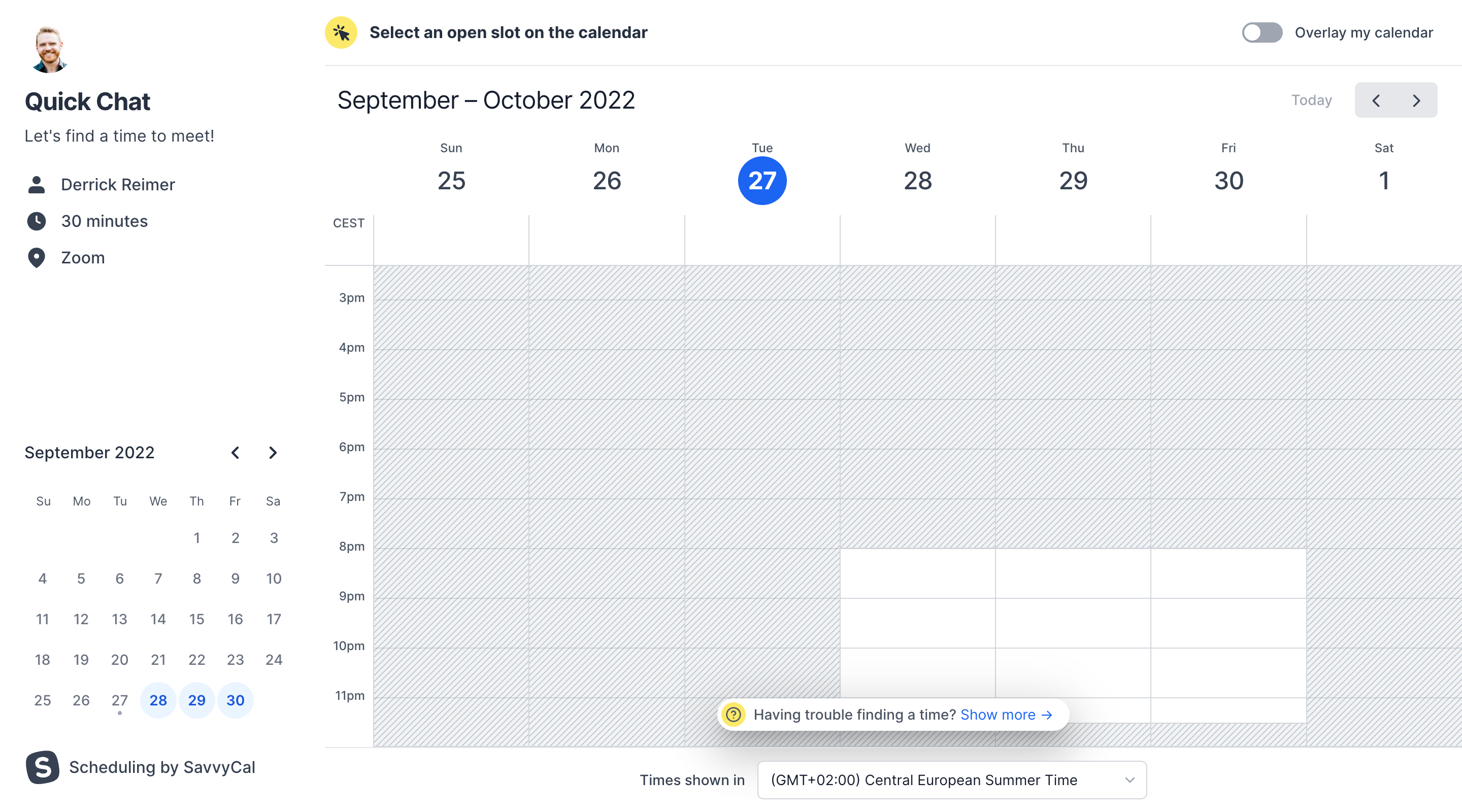 Screenshot of the SavvyCal website. The visible section shows a demo of the SavvyCal interface that includes some meeting details and a calendar where the user can select a meeting date. A larger week view is show on the right side of the screen.