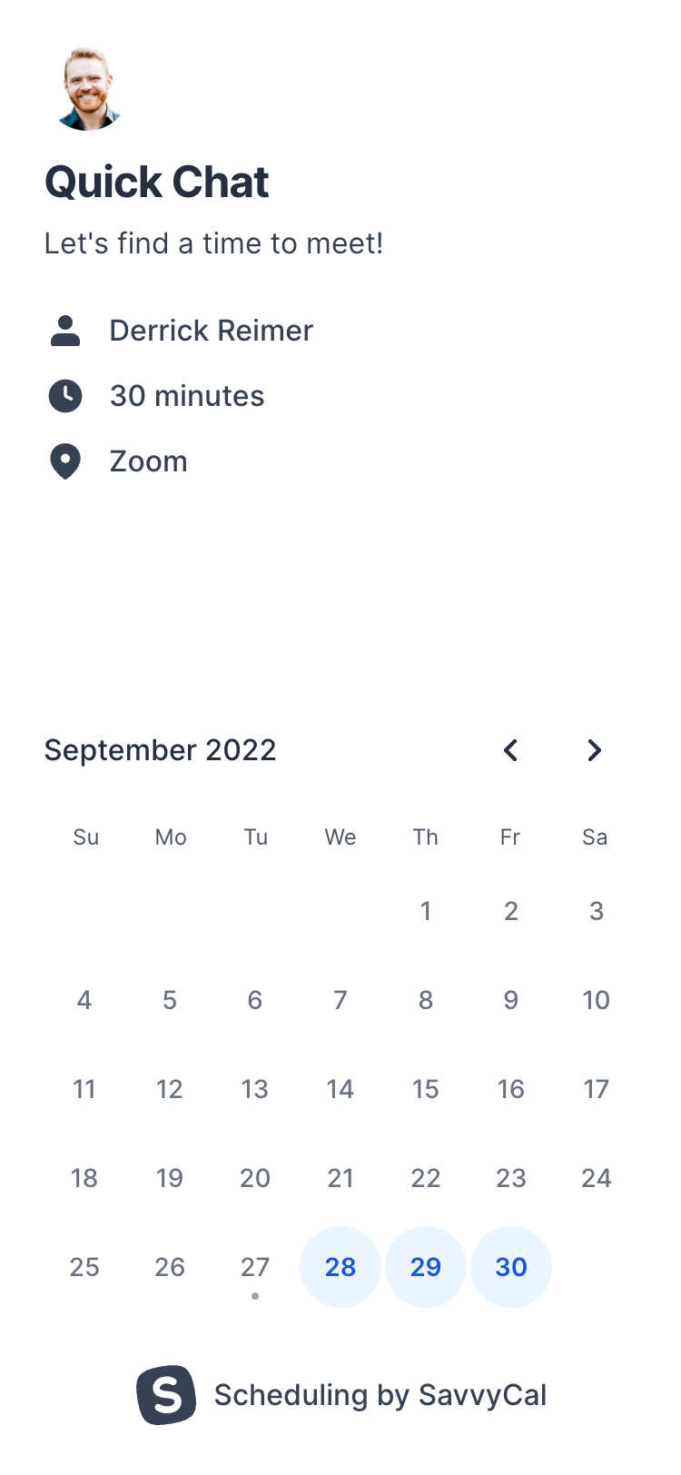 Mobile screenshot of the SavvyCal website. The visible section shows a demo of the SavvyCal interface that includes some meeting details and a calendar where the user can select a meeting date.