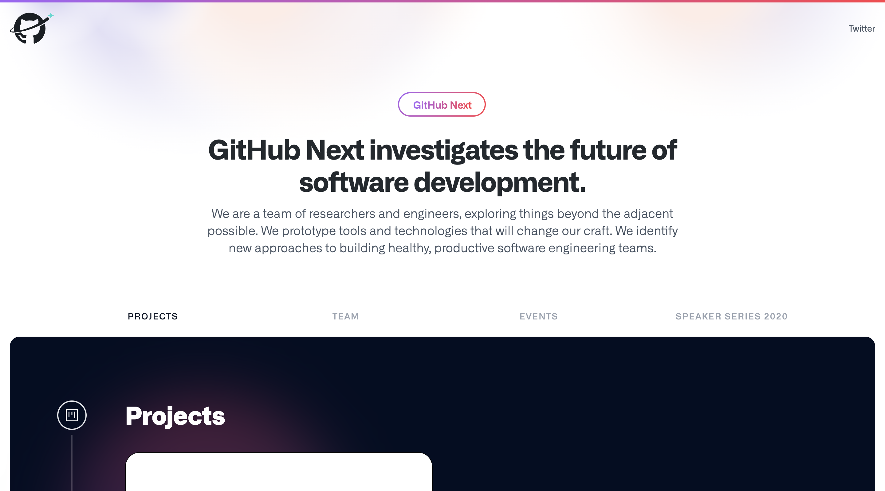 Screenshot of the GitHub Next website header. There’s a black Octocat logo with a star orbiting it. There’s a headline and a paragraph of text introducing GitHub Next. Below is a horizontal site navigation bar with links to different homepage sections.