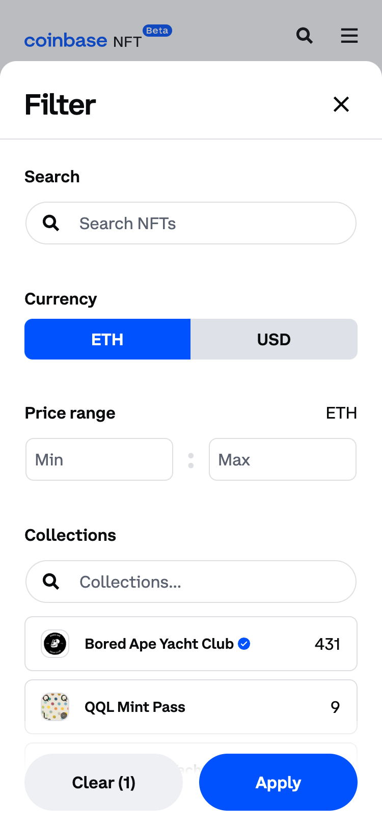 Mobile screenshot of the Coinbase NFT shop filter overlay. The overlay covers most of the screen and contains filters such as 'Search' and 'Price range'. At the bottom of the screen are buttons to 'Clear' or 'Apply' the filters.
