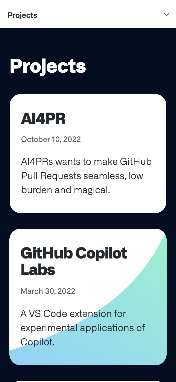 Screenshot of the Projects section of the GitHub Next homepage on a mobile device showing two cards, each containing information about a project.