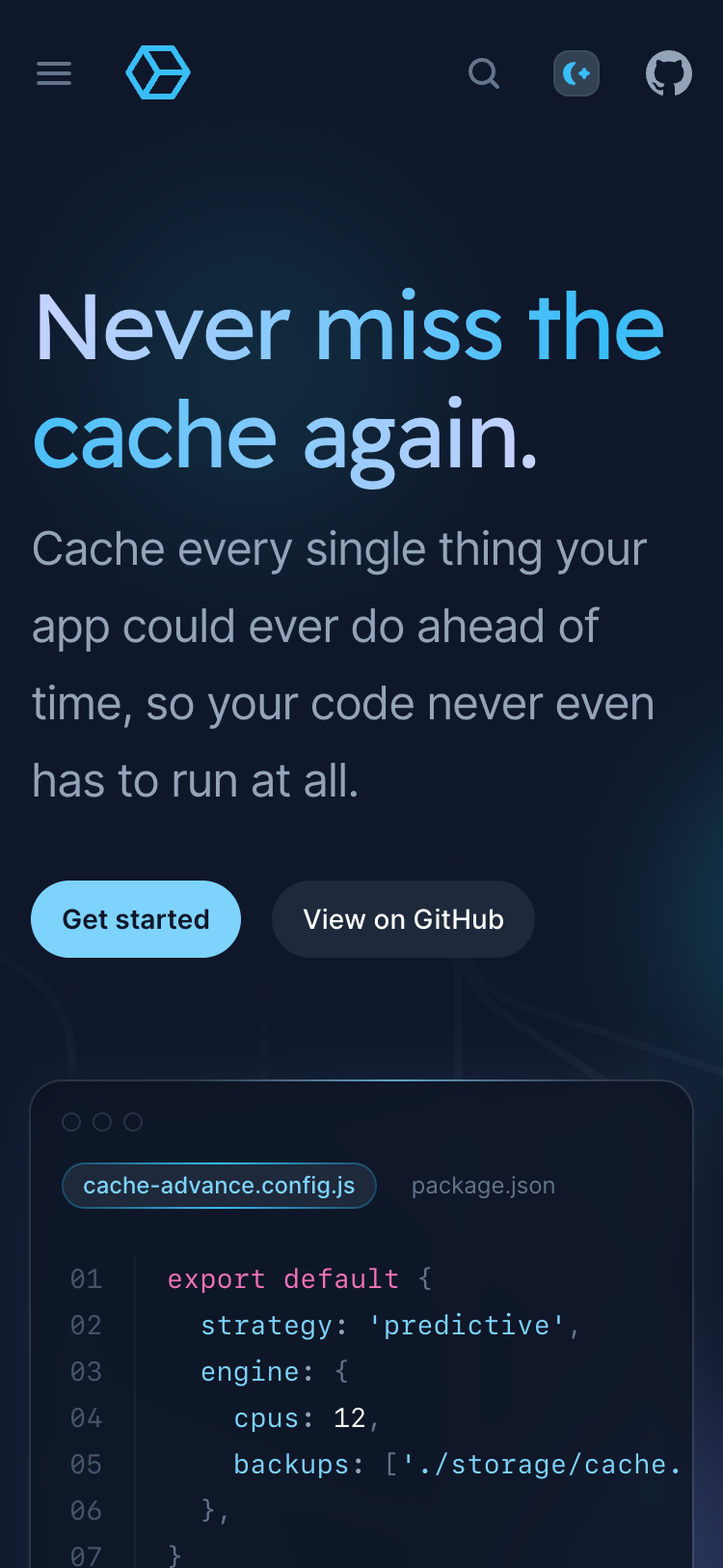 Mobile screenshot of the Syntax Tailwind UI template. The header contains a menu button, the CacheAdvance logo, a search button, a theme toggle button, and a GitHub link. The hero section contains a large heading and smaller introduction paragraph, followed by two call-to-action buttons labelled 'Get started' and 'View on GitHub'. Underneath is a JavaScript code example.