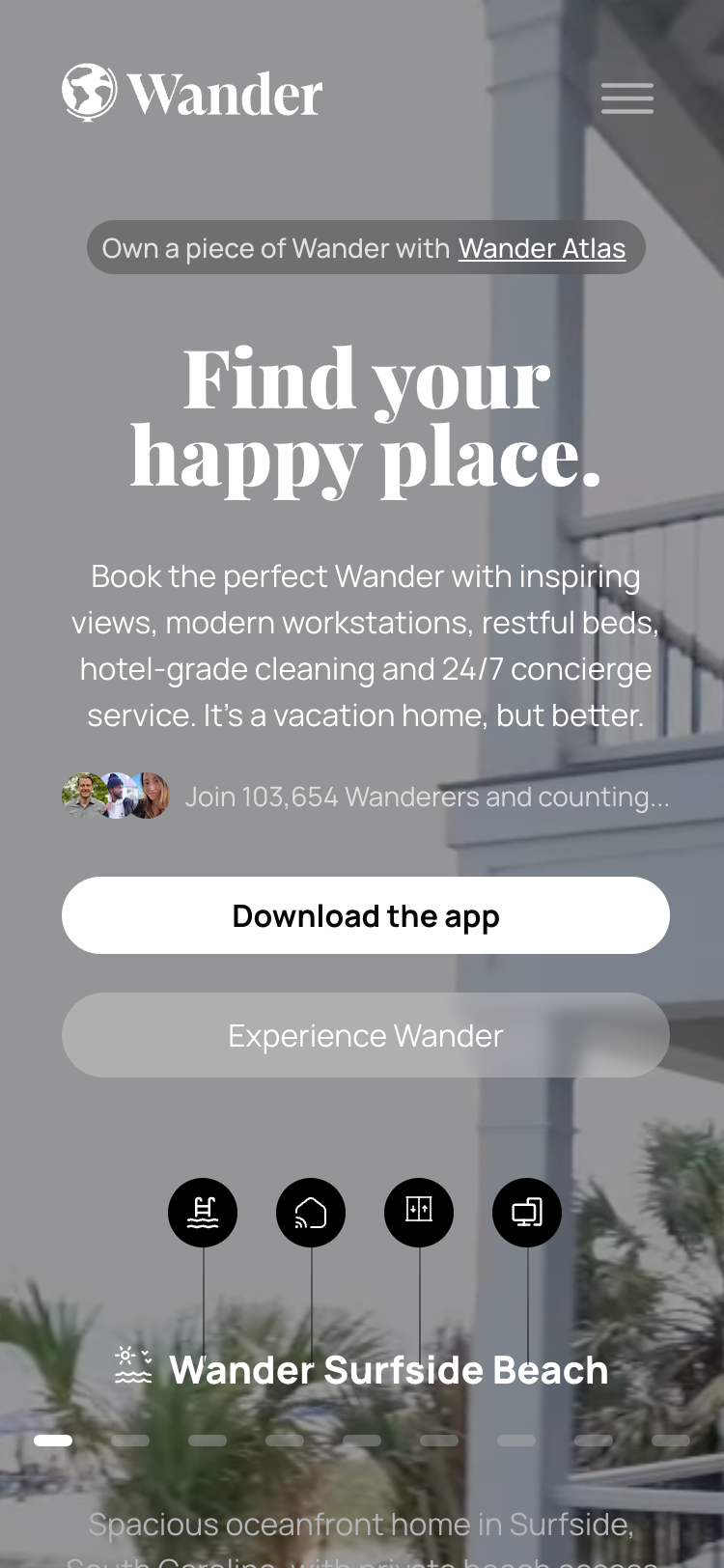 The Wander homepage hero section on a mobile device. The content of the page is a compact version of the desktop version.