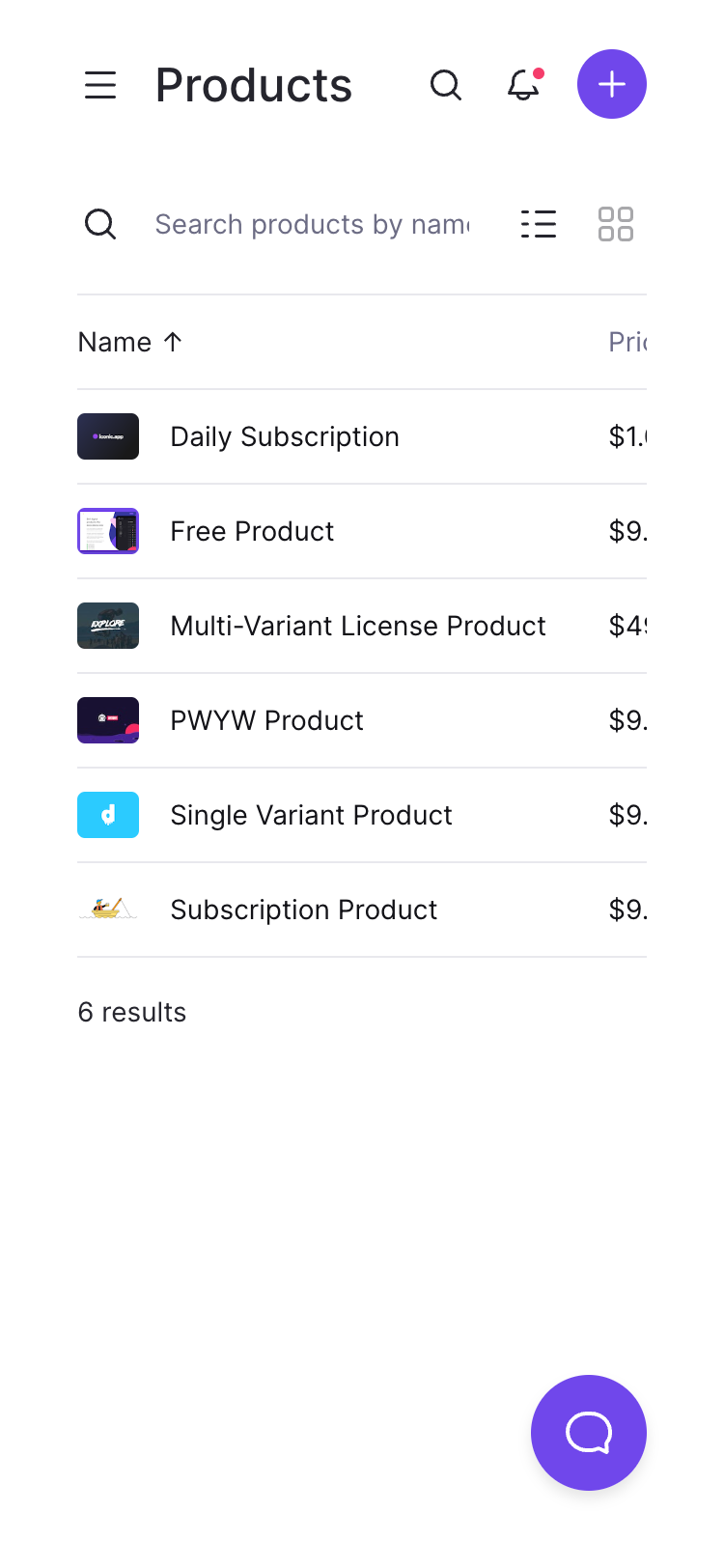 Screenshot of the Products page with a list of products on a 375-pixel wide mobile device. Products are listed in a table with basic information and revenue metrics. The table can be scrolled sideways as it doesn’t fit in the viewport.