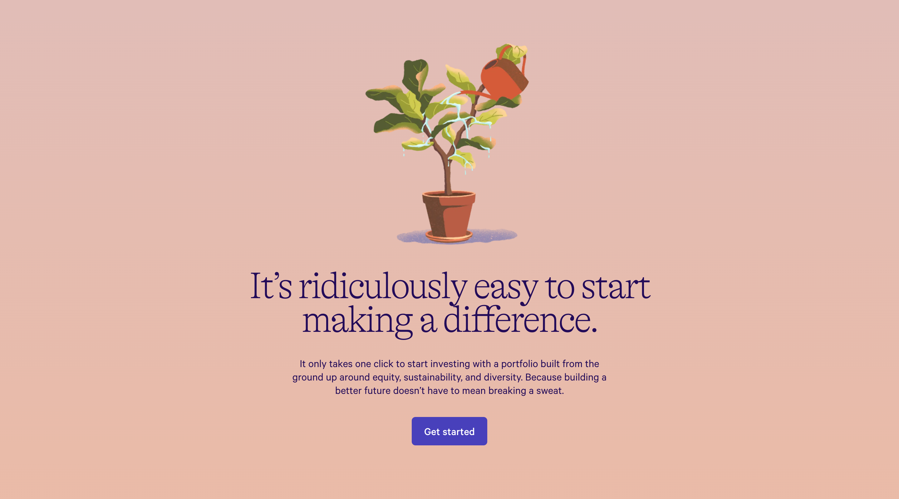 Screenshot of the Wealthfront website. The visible section contains a detailed illustration of a watering can being used to water a plant in a pot. There is a heading and short informtation paragraph followed by a 'Get started' call-to-action button.